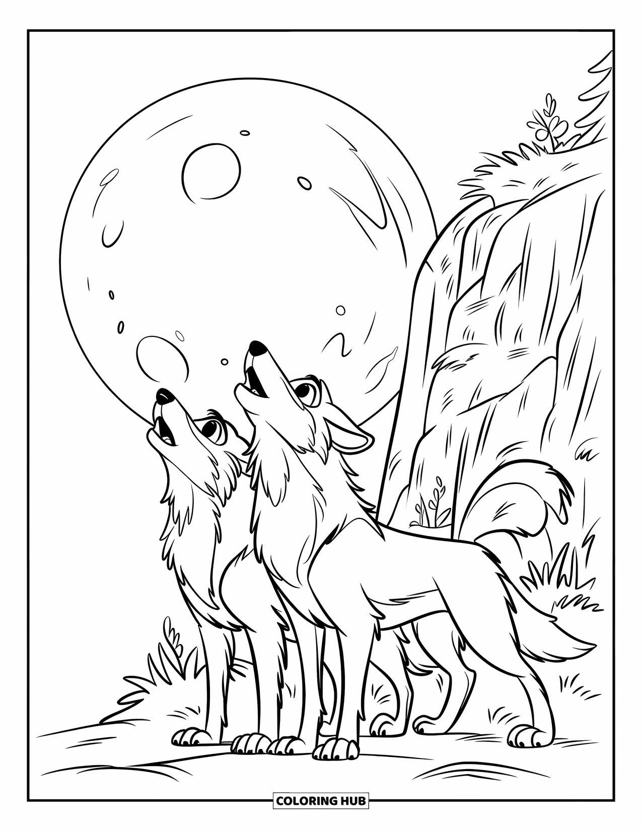 Wolf Pack Coloring Page for Kids: Two wolves howl beside a rocky cliff and bright full moon