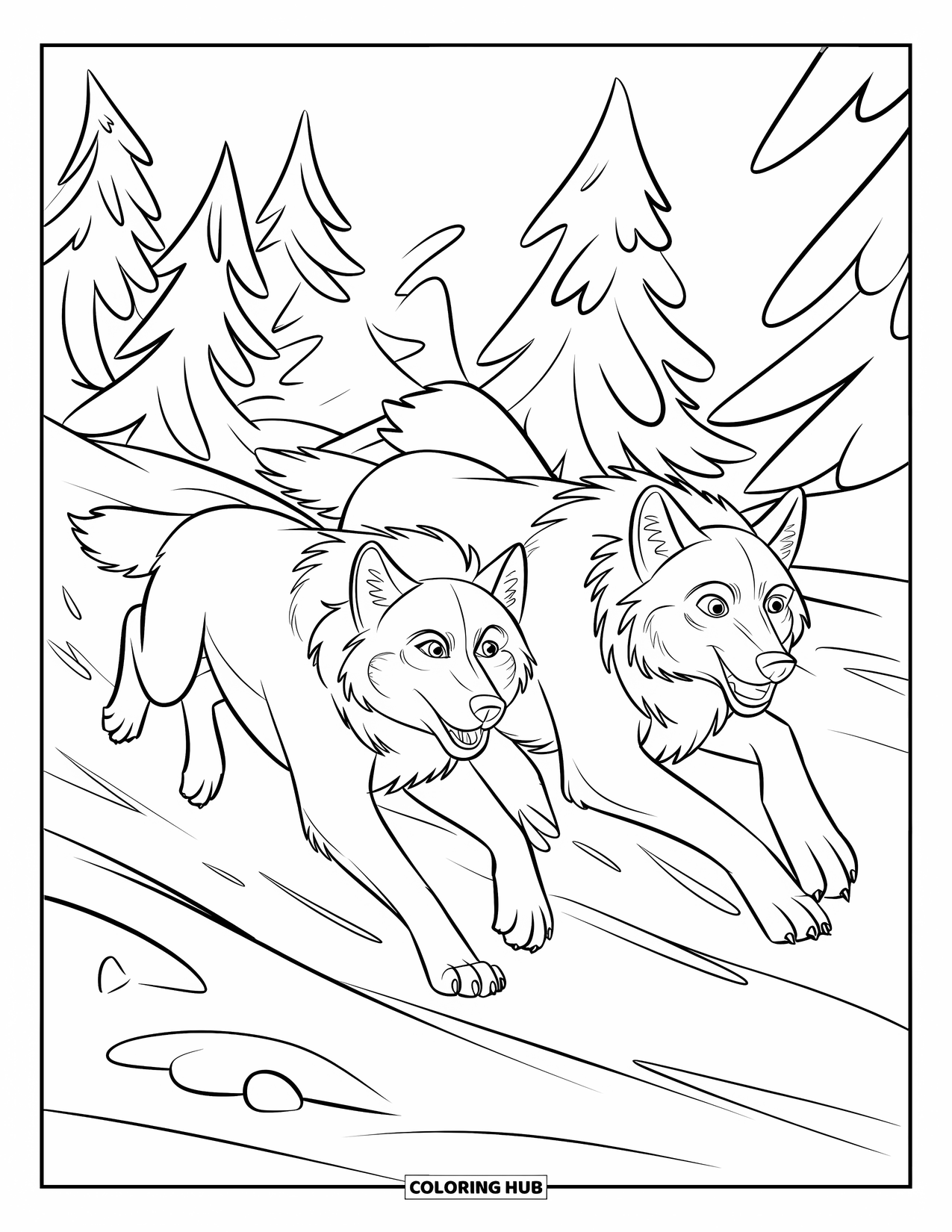 Wolf Pack Coloring Page for Kids: Two wolves race through snowy woods with trees rushing by