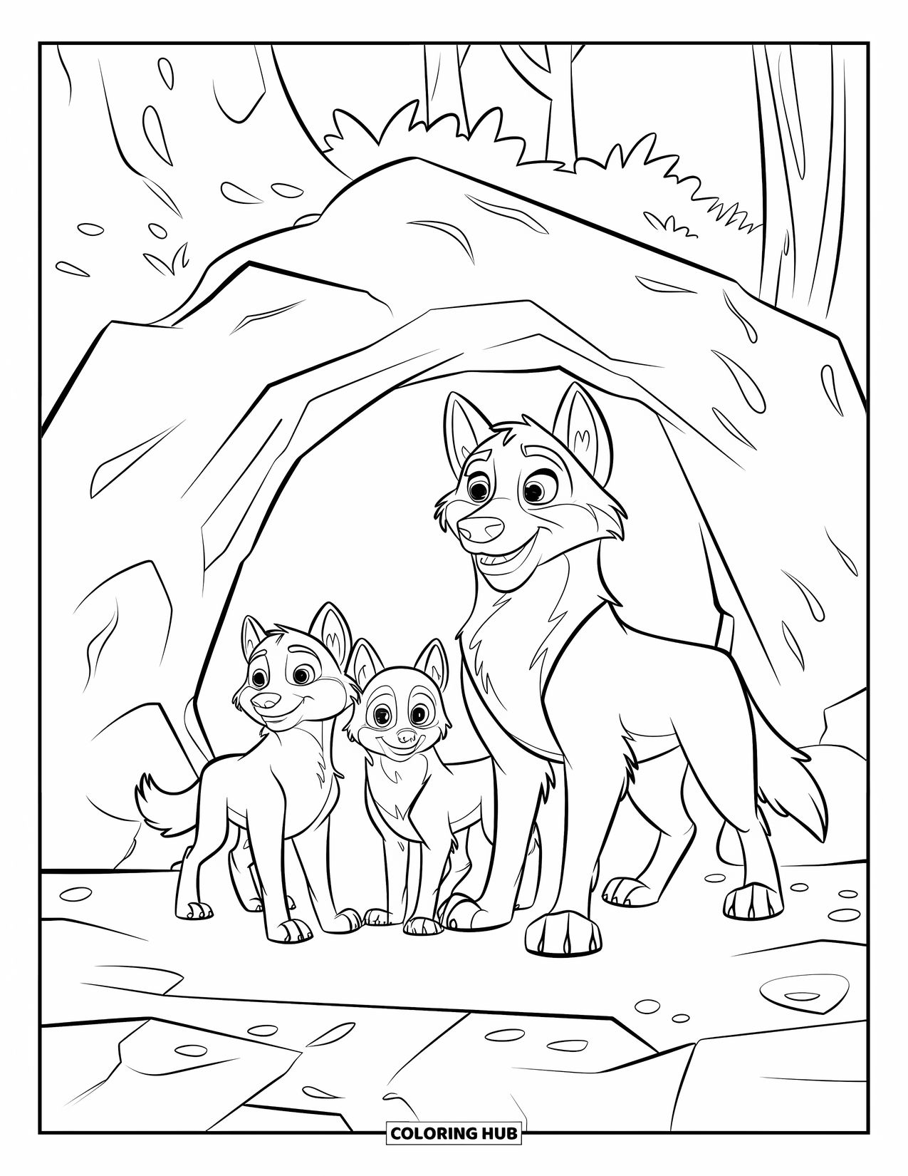 Wolf Pack Coloring Page for Kids: Wolves gather outside their den with trees behind them