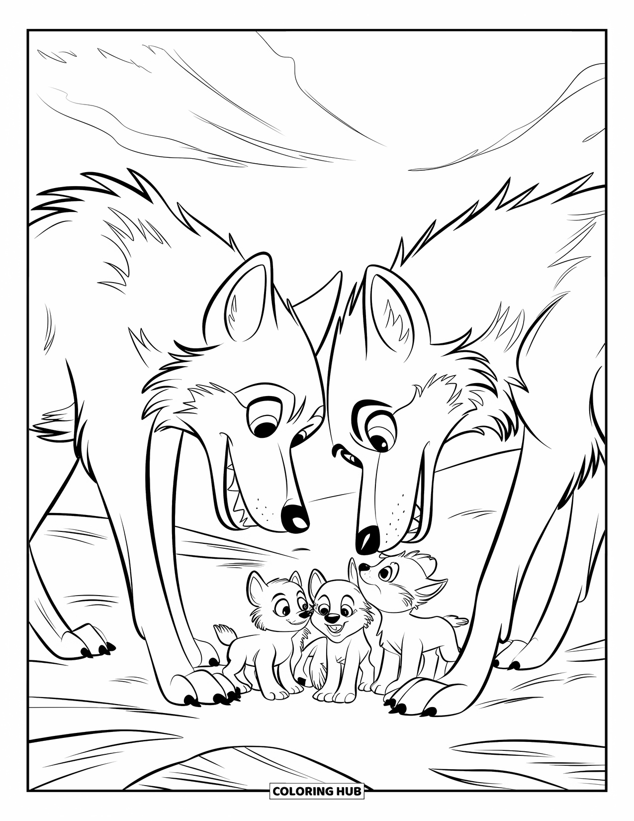 Wolf Pack Coloring Page for Kids: Wolves guard their sleeping pups on rocky ground