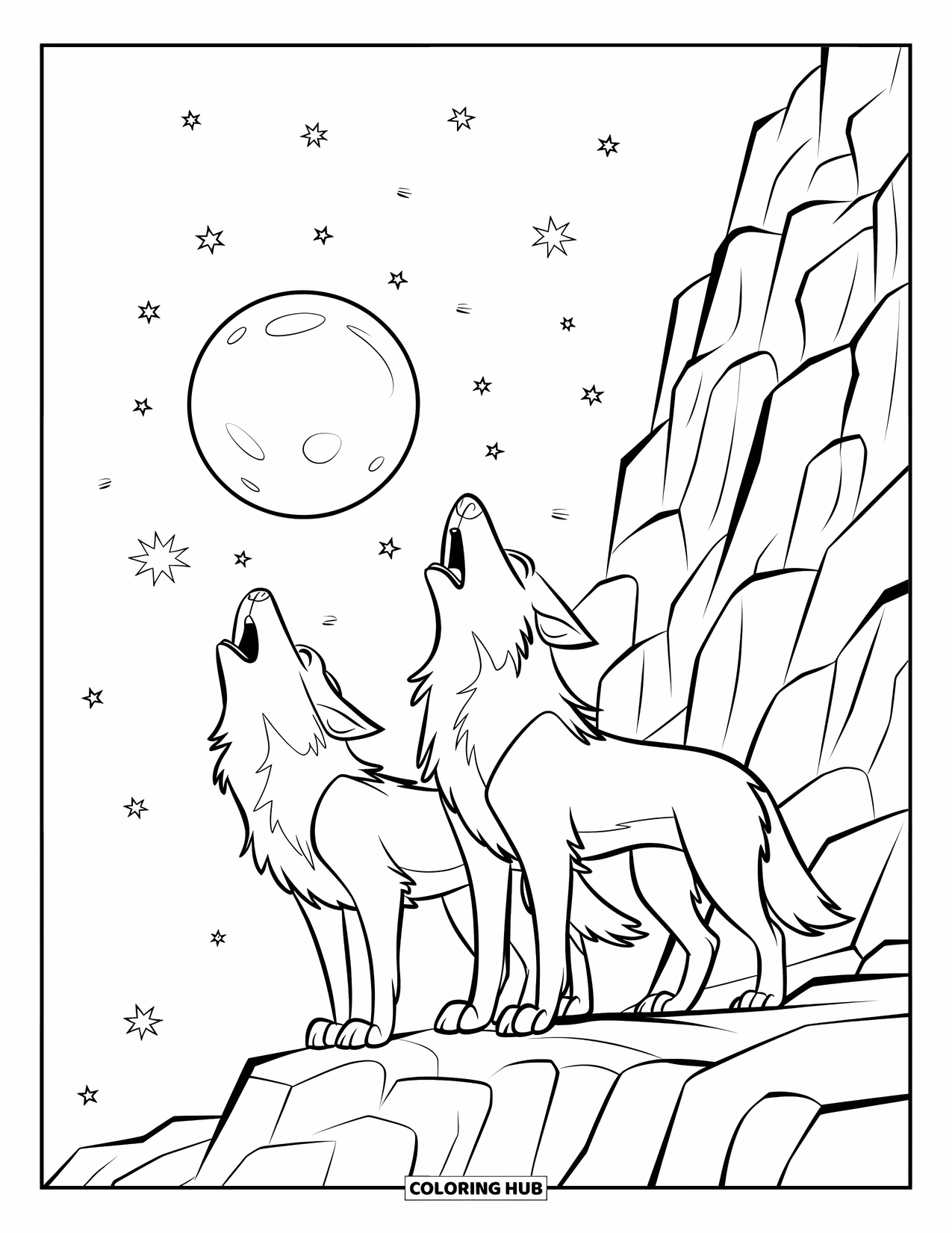 Wolf Pack Coloring Page for Kids: Wolves howl at a giant moon in a starry sky