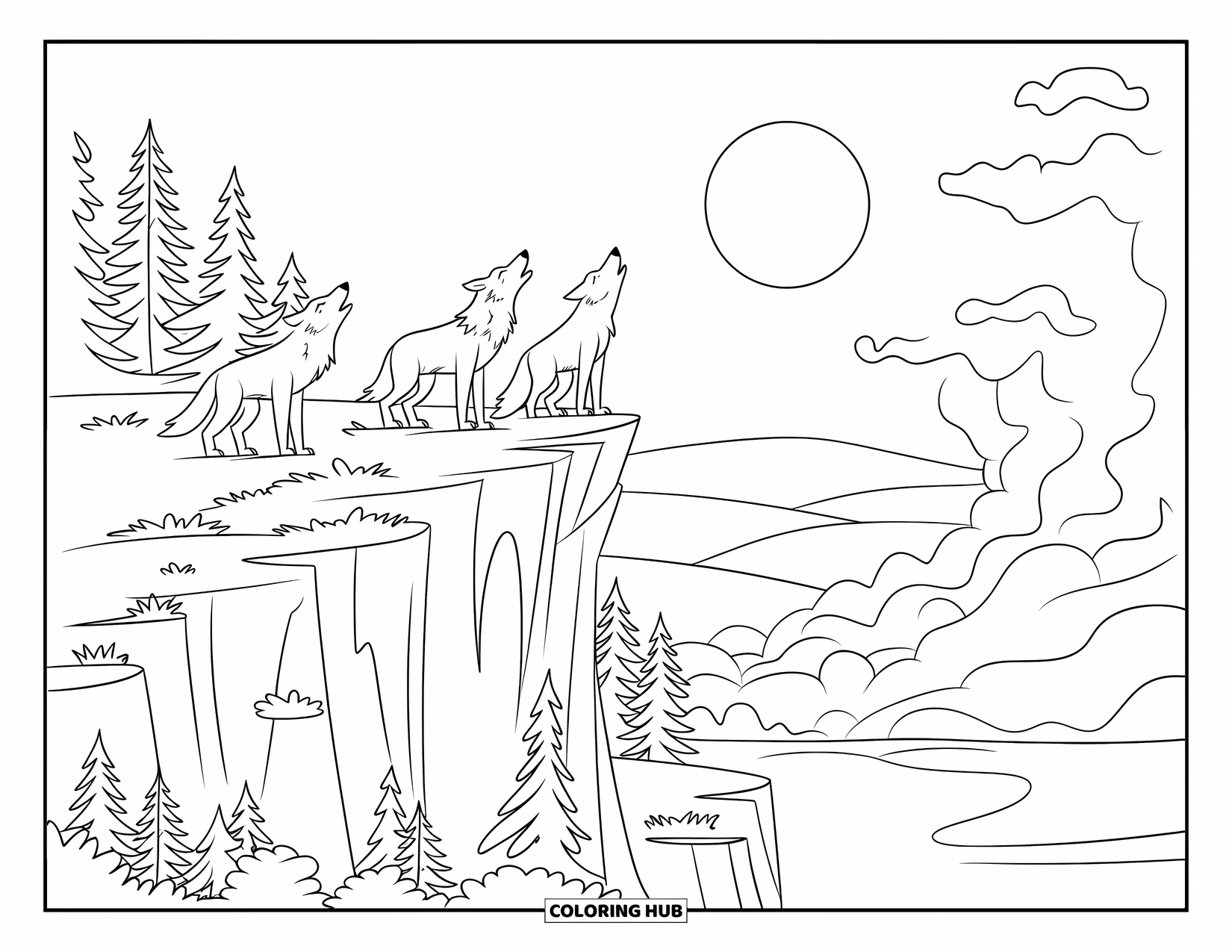 Wolf Pack Coloring Page for Kids: Wolves howl on a rocky cliff with hills and water in the distance