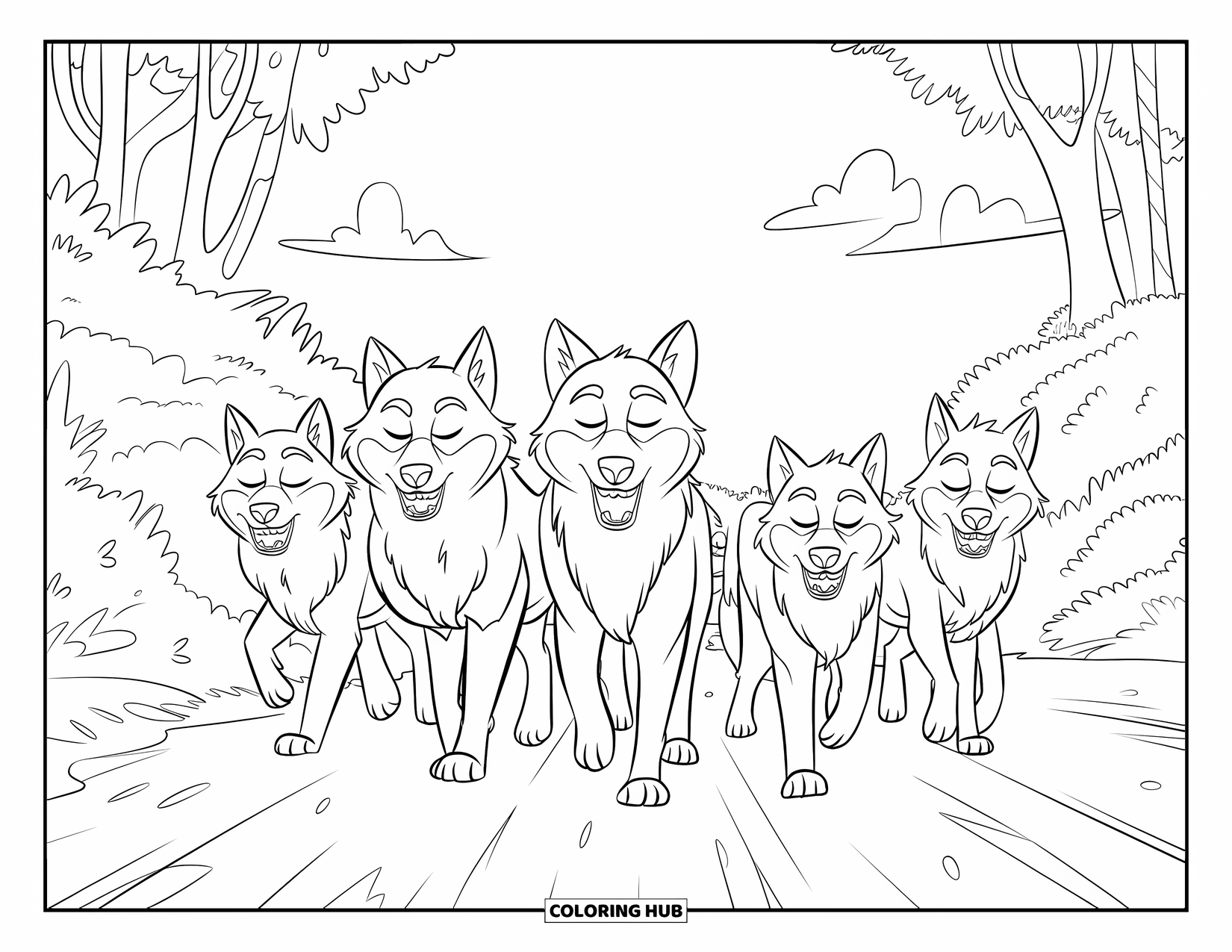 Wolf Pack Coloring Page for Kids: Wolves march in a line beneath trees and a clear sky