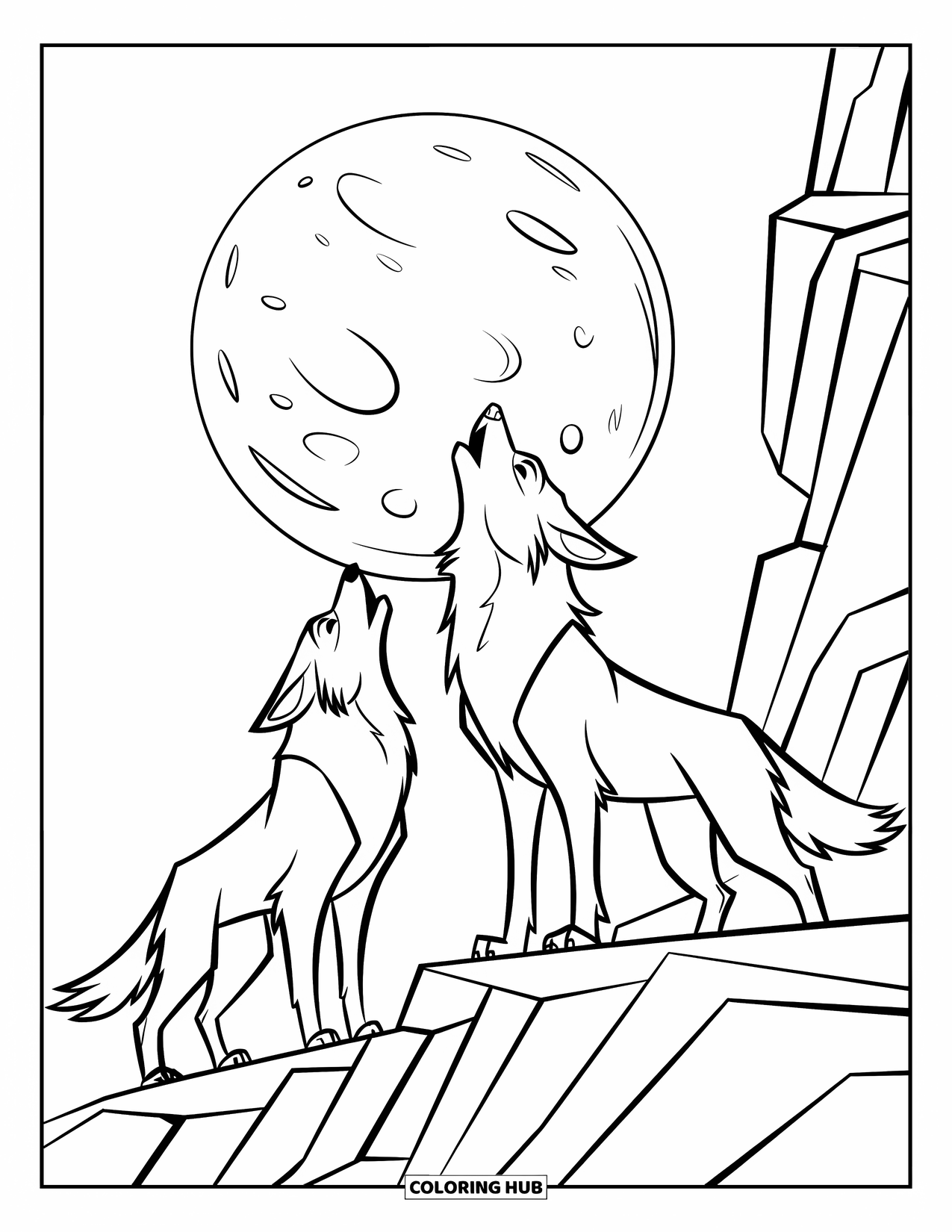 Wolf Pack Coloring Page for Kids: Wolves raise their heads and howl at a cratered moon