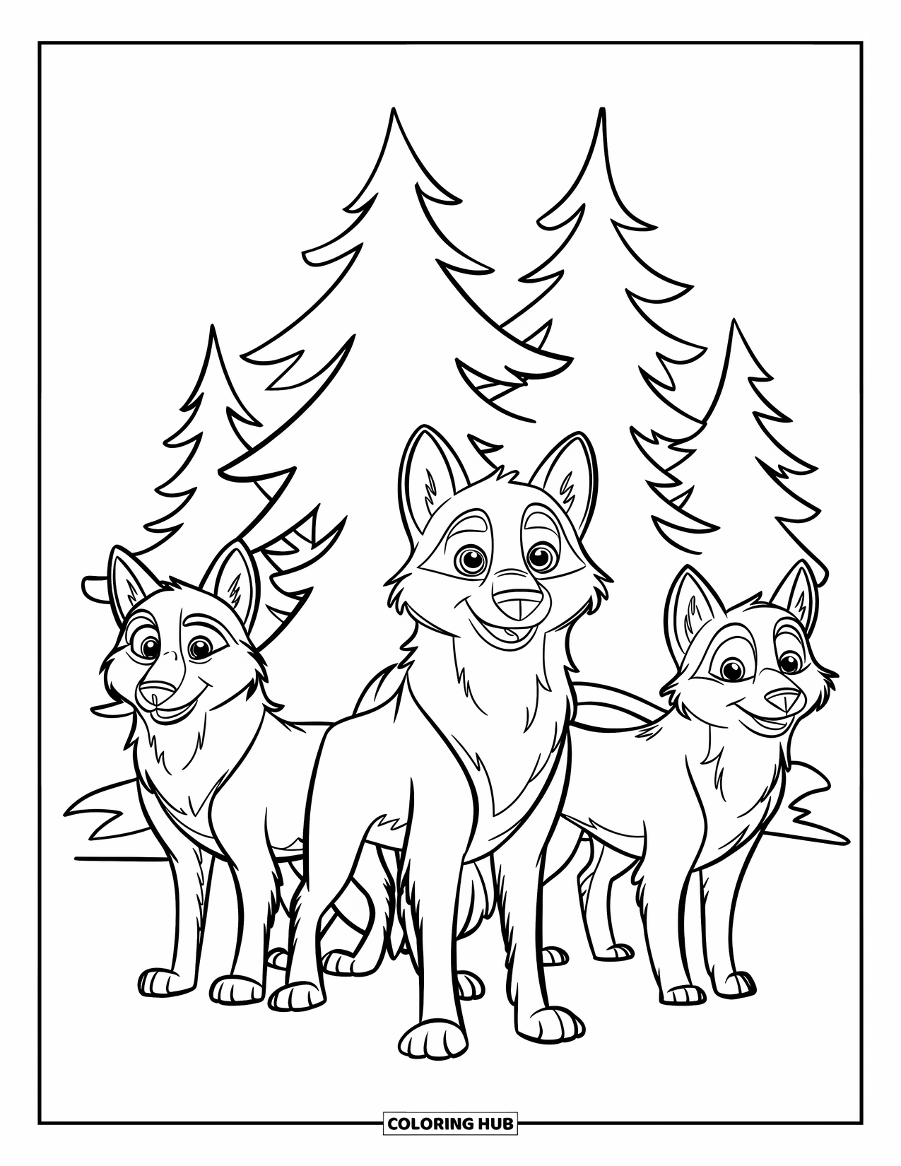 Wolf Pack Coloring Page for Kids: Wolves stand together near simple pine trees on snowy ground
