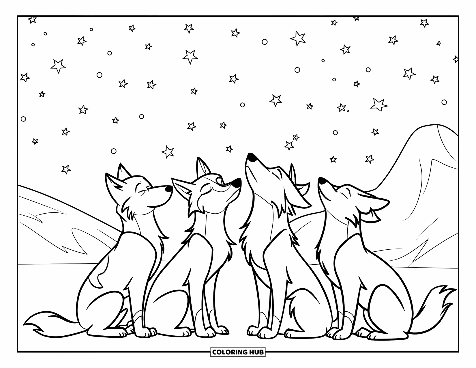 Wolf Pack Coloring Page for Kids: Wolves tilt their heads skyward under a bright field of stars