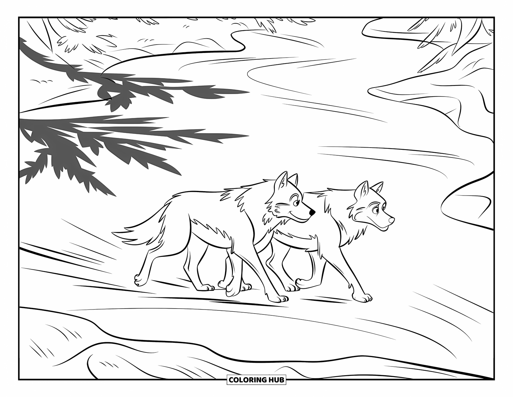 Wolf Pack Coloring Page for Kids: Wolves travel together across icy ground with long shadows
