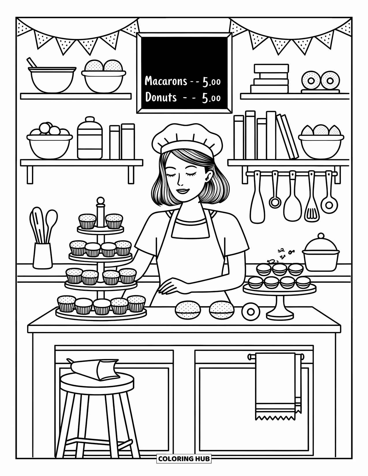 Woman Coloring Page for Adults: Baker arranging sweets on a tiered display in her shop