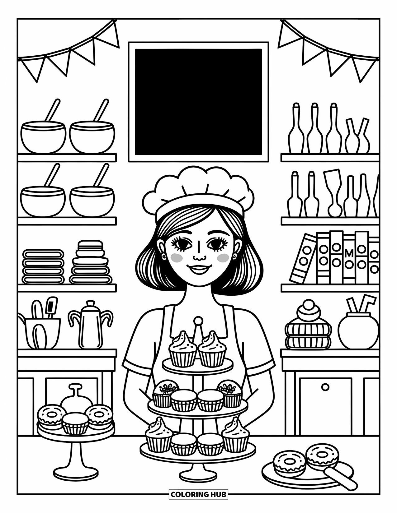 Woman Coloring Page for Adults: Charming baker with treats displayed in her little shop
