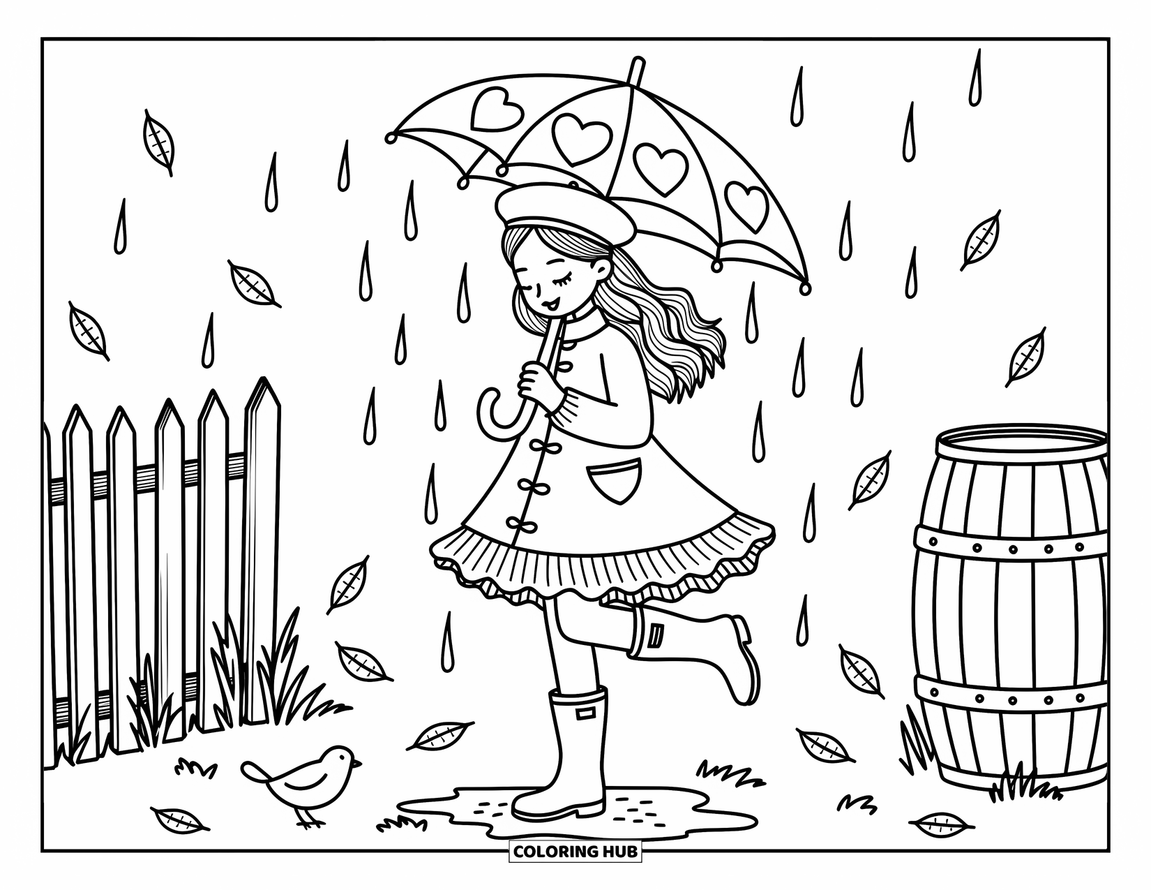 Woman Coloring Page for Adults: Charming woman in rain boots with a heart-shaped umbrella