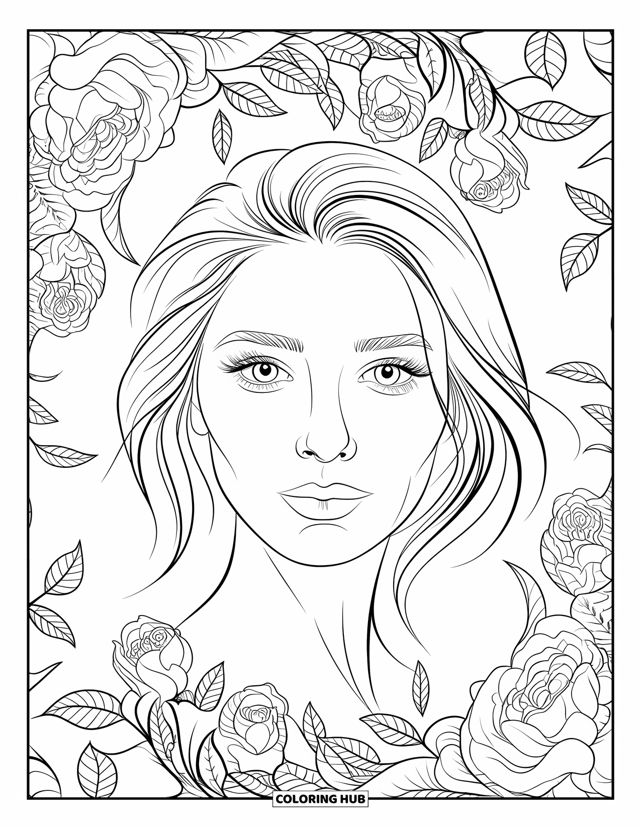 Woman Coloring Page for Adults: Close-up of woman with soft eyes framed by roses