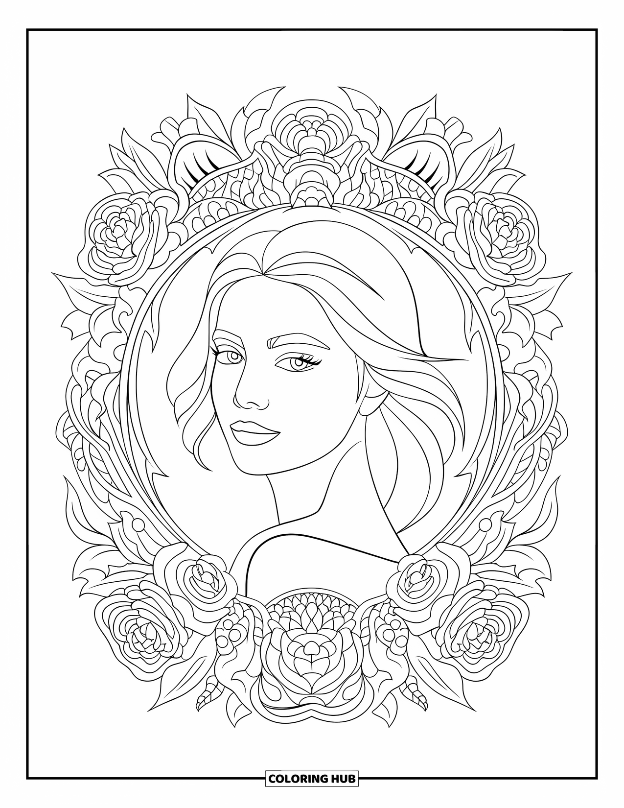 Woman Coloring Page for Adults: Close-up of woman with soft gaze and rose mandala
