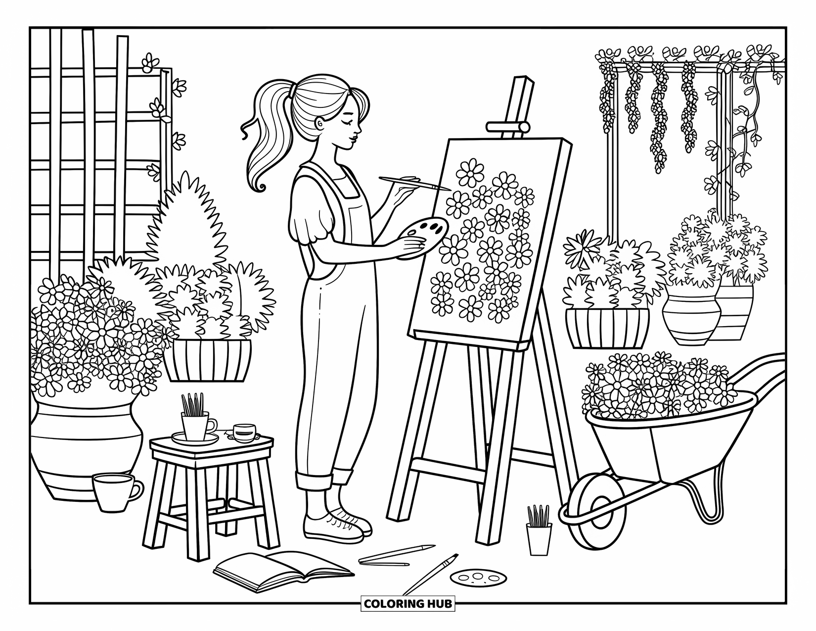 Woman Coloring Page for Adults: Creative woman painting in a lush garden setting