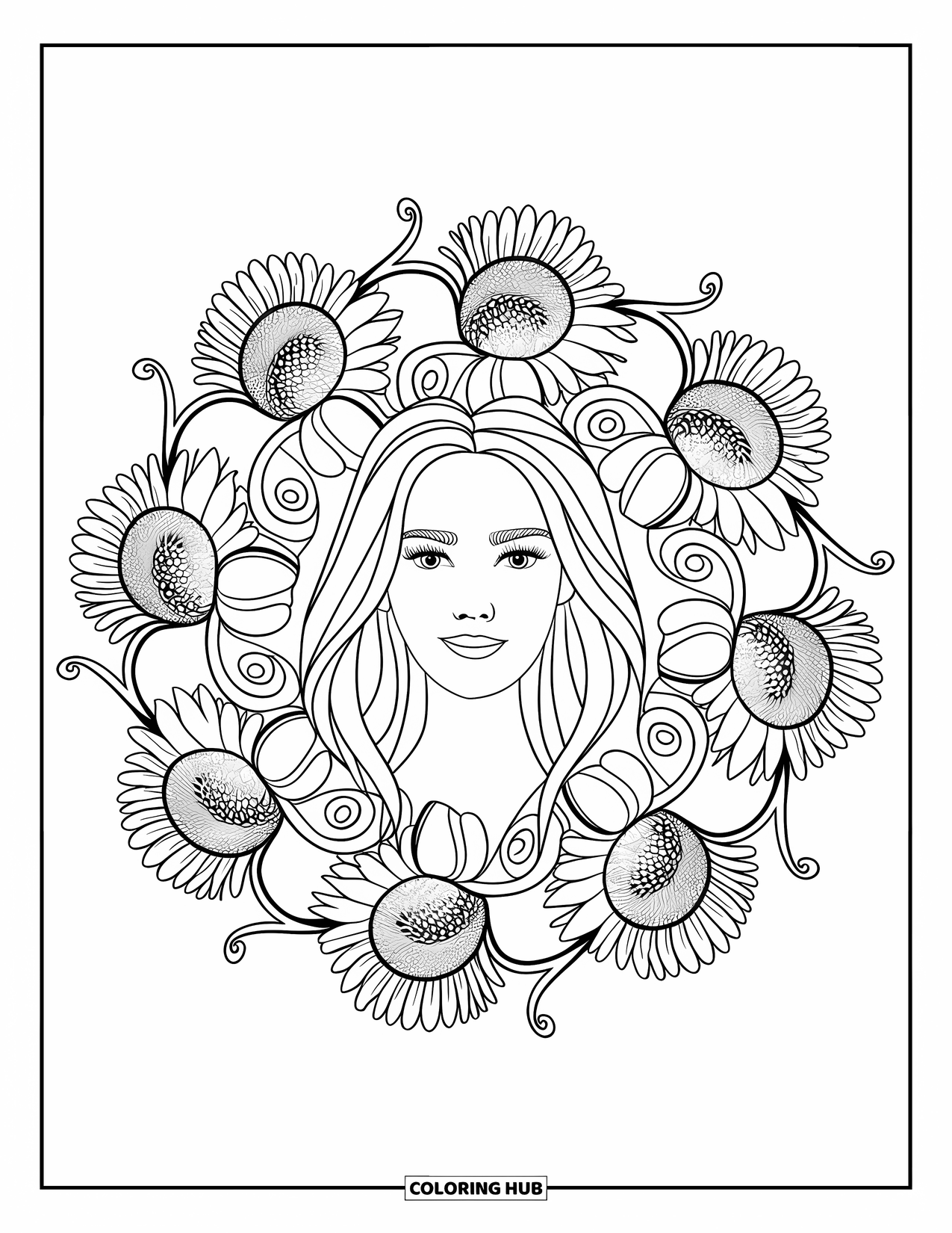 Woman Coloring Page for Adults: Elegant woman centered in sunflower and stem mandala