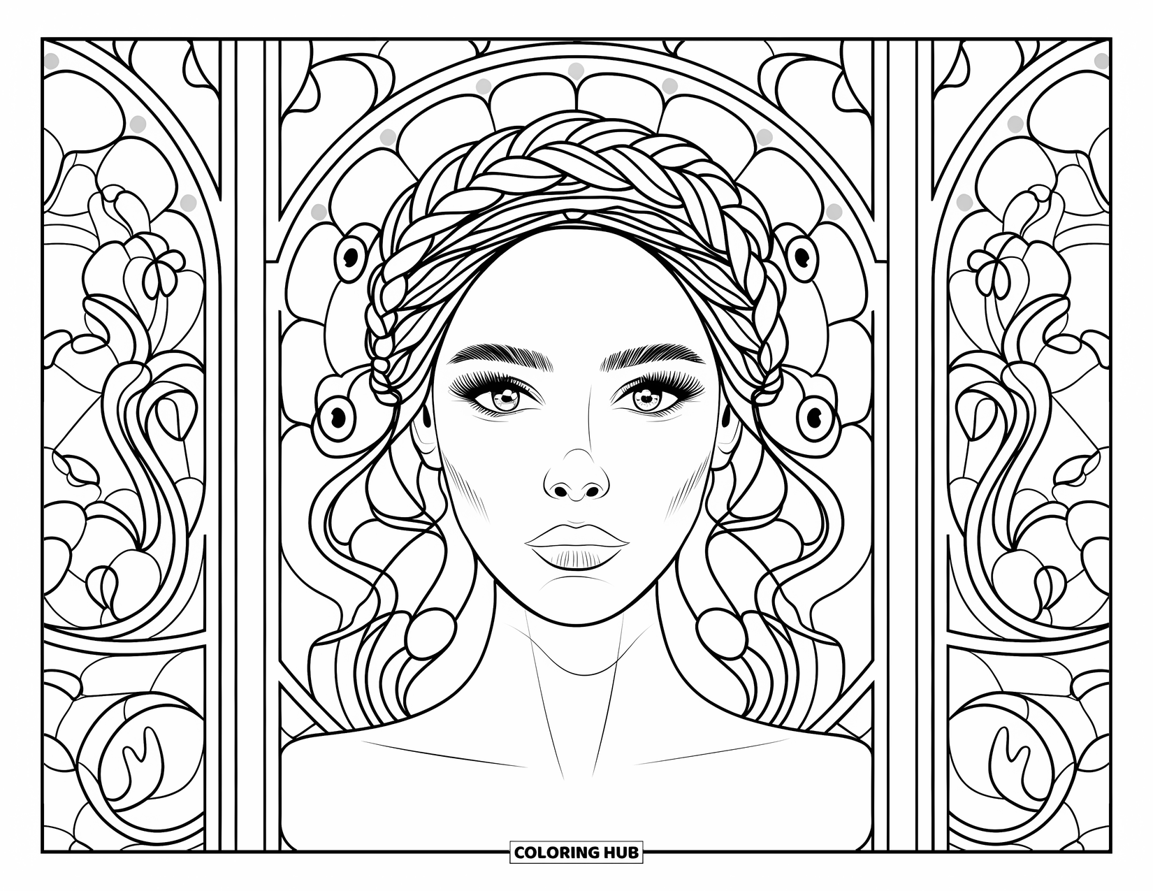 Woman Coloring Page for Adults: Graceful woman with braided crown framed by floral stained glass