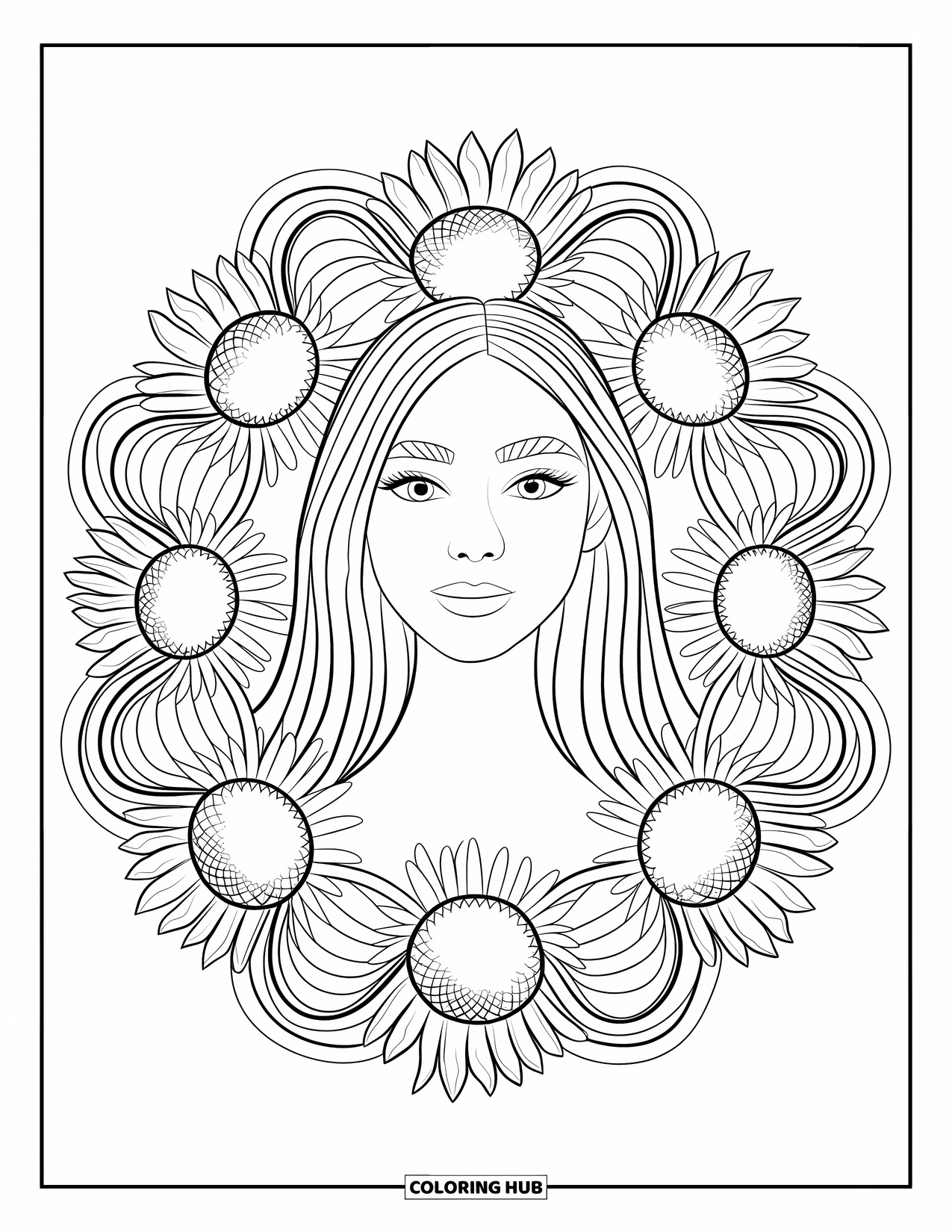 Woman Coloring Page for Adults: Graceful woman with long hair framed by sunflower mandala