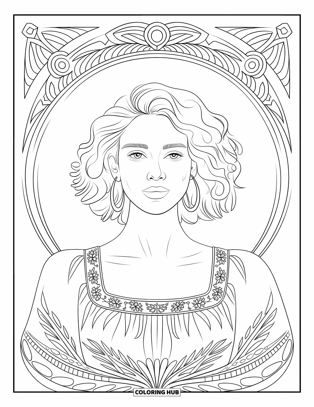 Woman Coloring Page for Adults: Serene woman with curls framed by botanical patterns