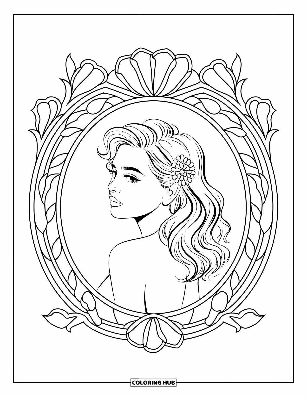 Woman Coloring Page for Adults: Side-profile woman with wavy hair pinned by floral clip