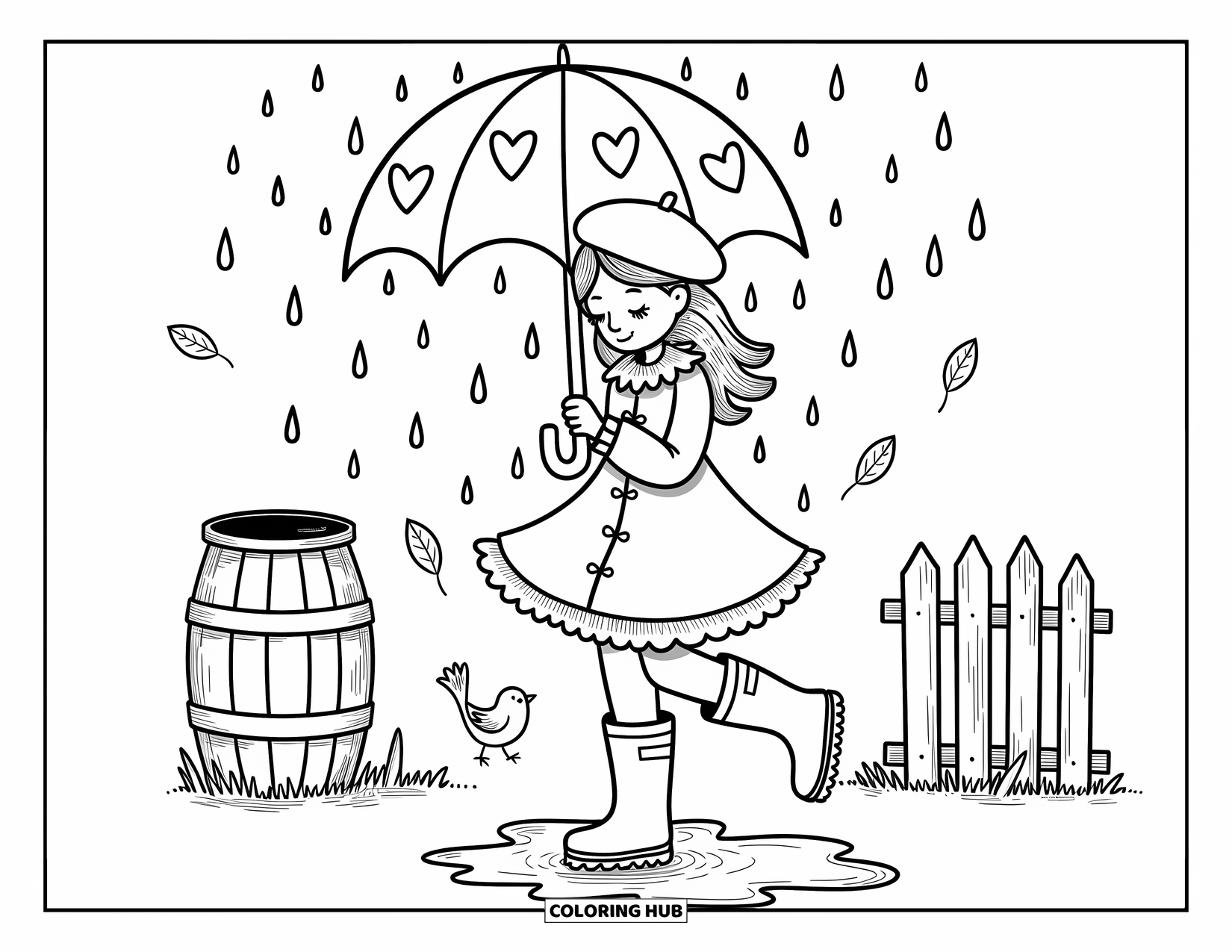 Woman Coloring Page for Adults: Stylish woman with umbrella standing in gentle rain