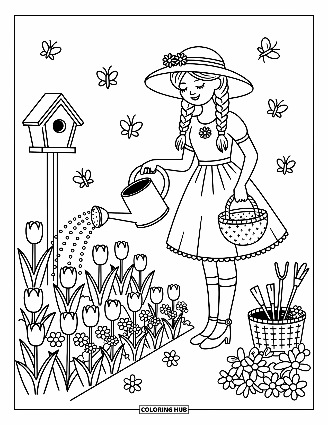 Woman Coloring Page for Adults: Sun-hatted woman watering tulips and pansies in bloom