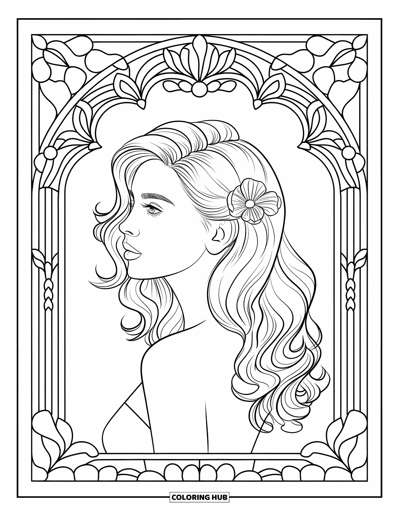 Woman Coloring Page for Adults: Woman in profile with wavy hair and floral clip