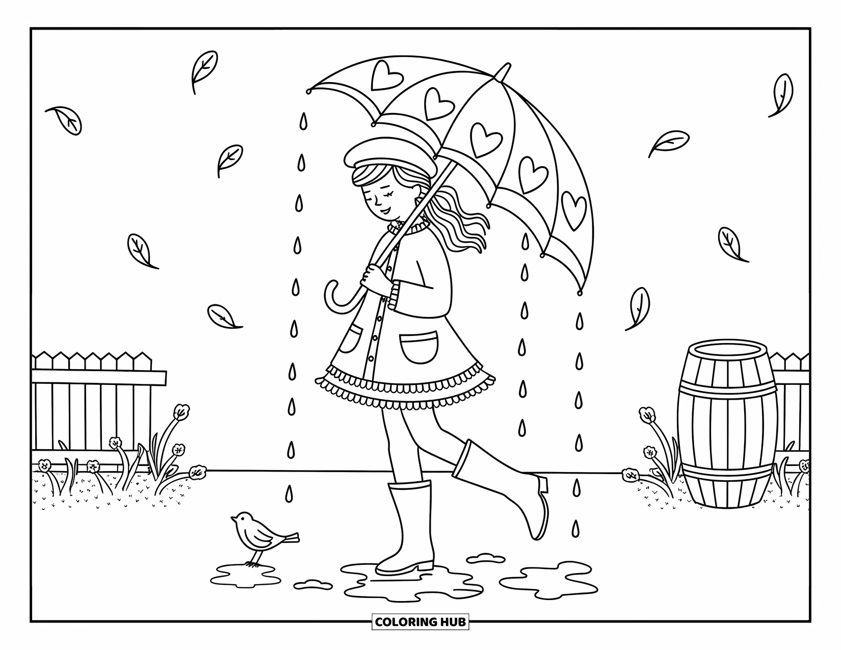 Woman Coloring Page for Adults: Woman in raincoat and boots holding a heart umbrella