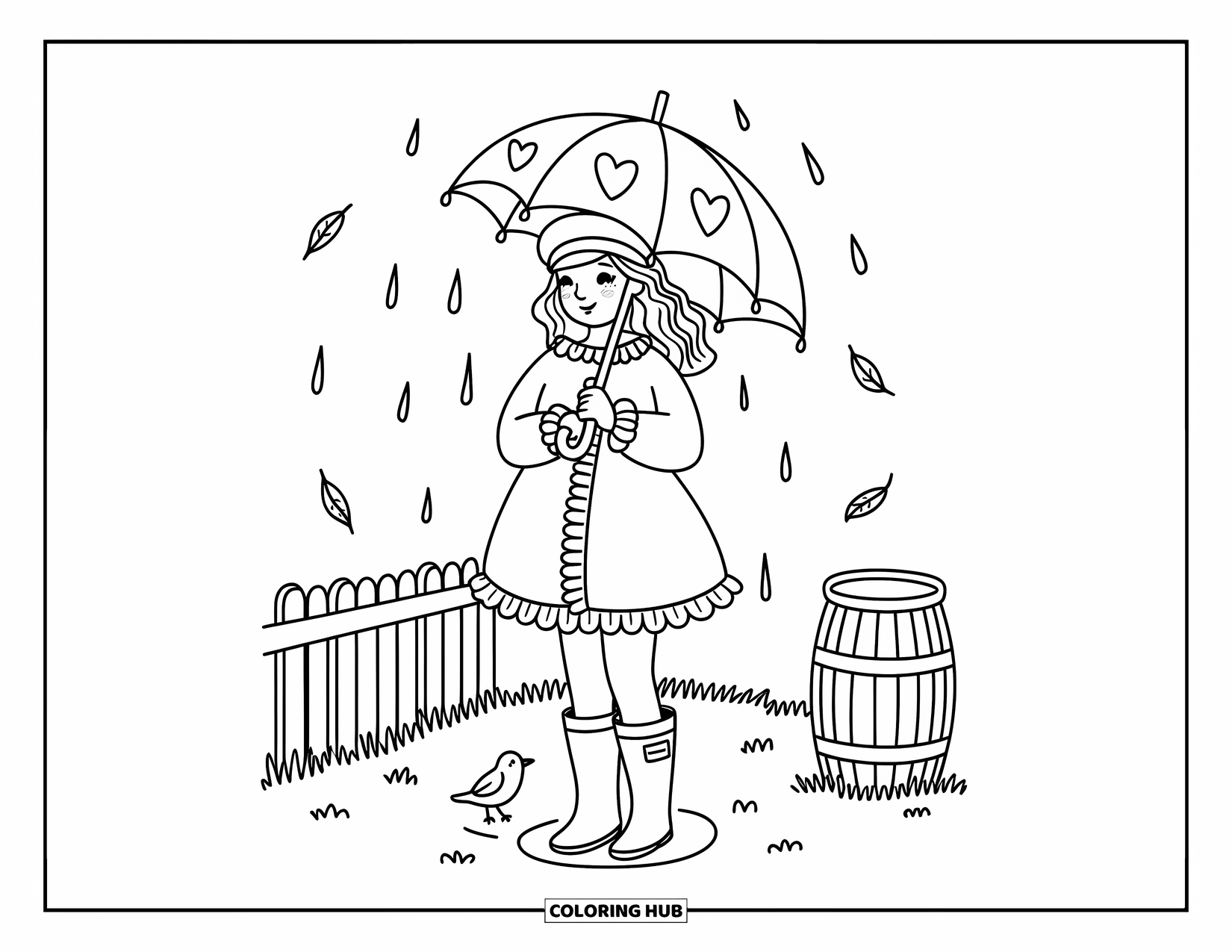 Woman Coloring Page for Adults: Woman in raincoat with umbrella and a bird nearby