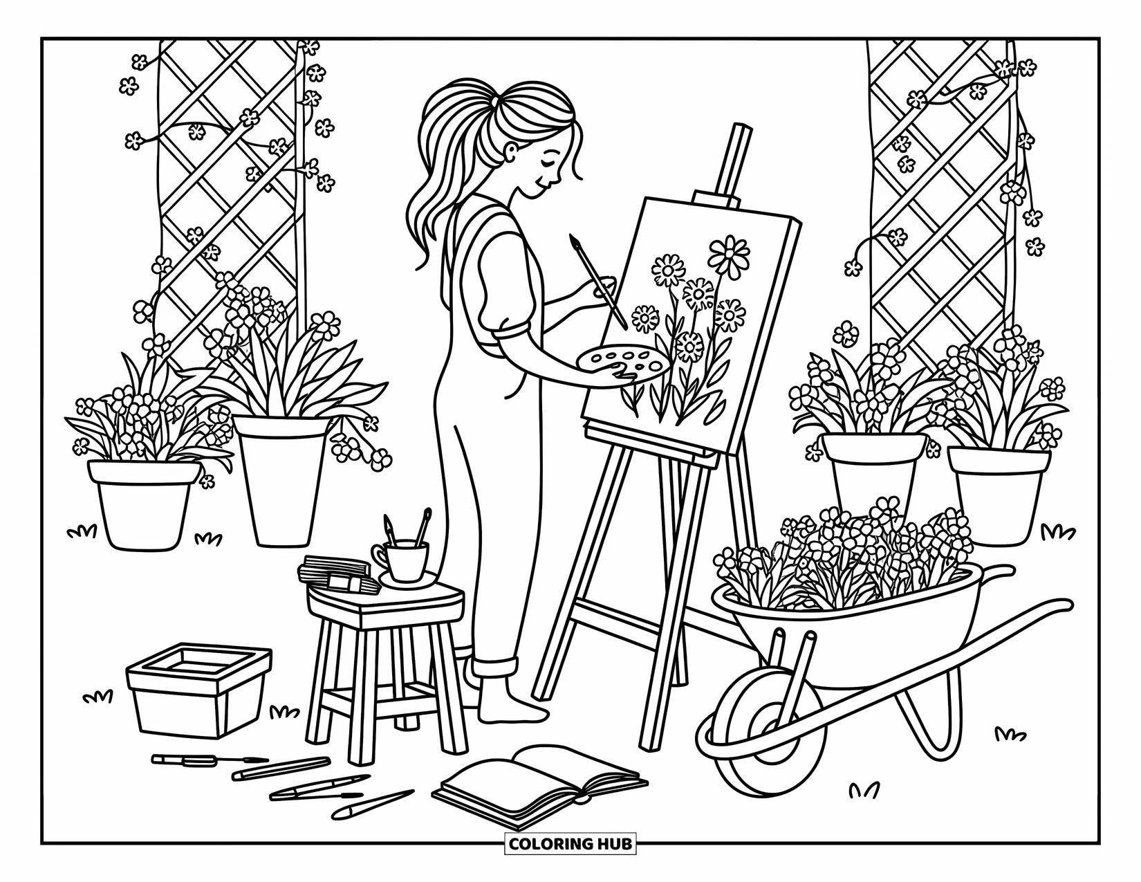 Woman Coloring Page for Adults: Woman painting flowers on an easel in a cozy garden