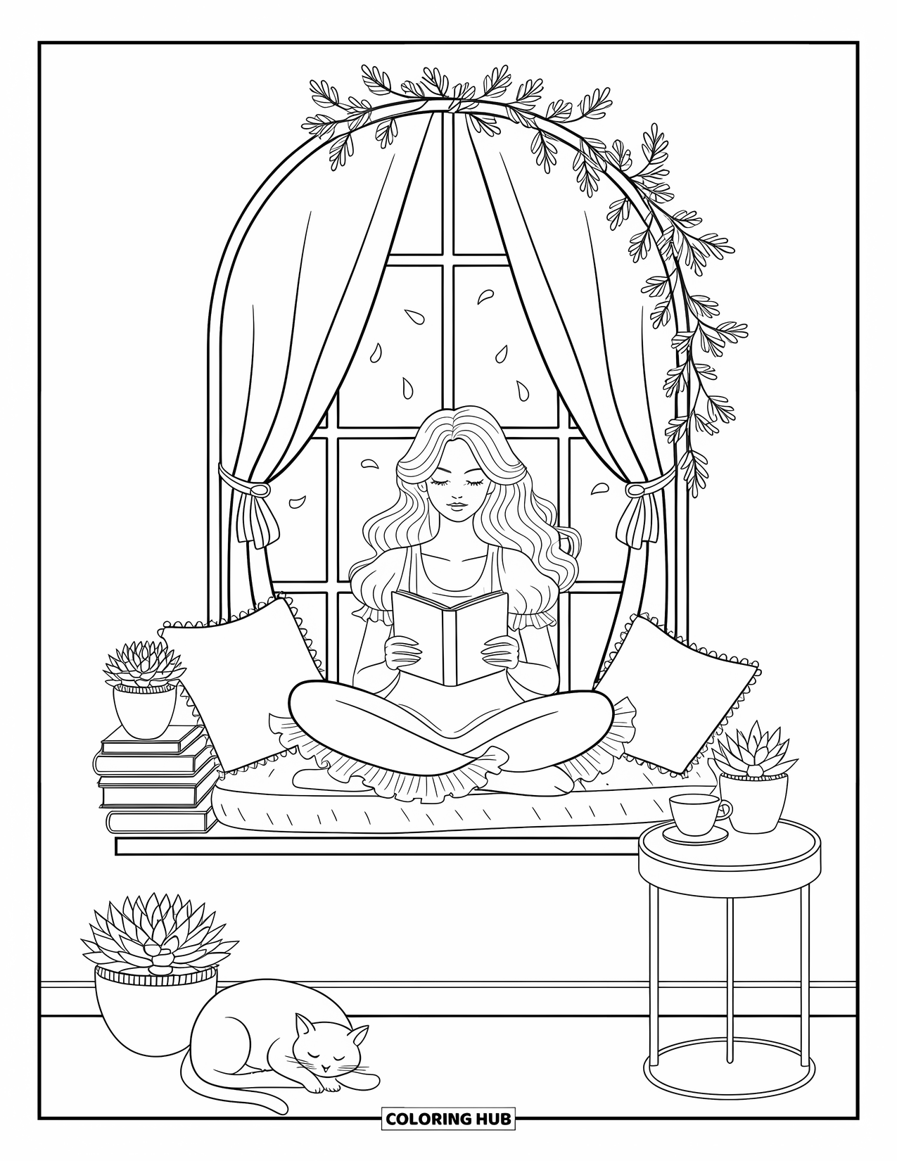 Woman Coloring Page for Adults: Woman reading by the window with succulents and a cat