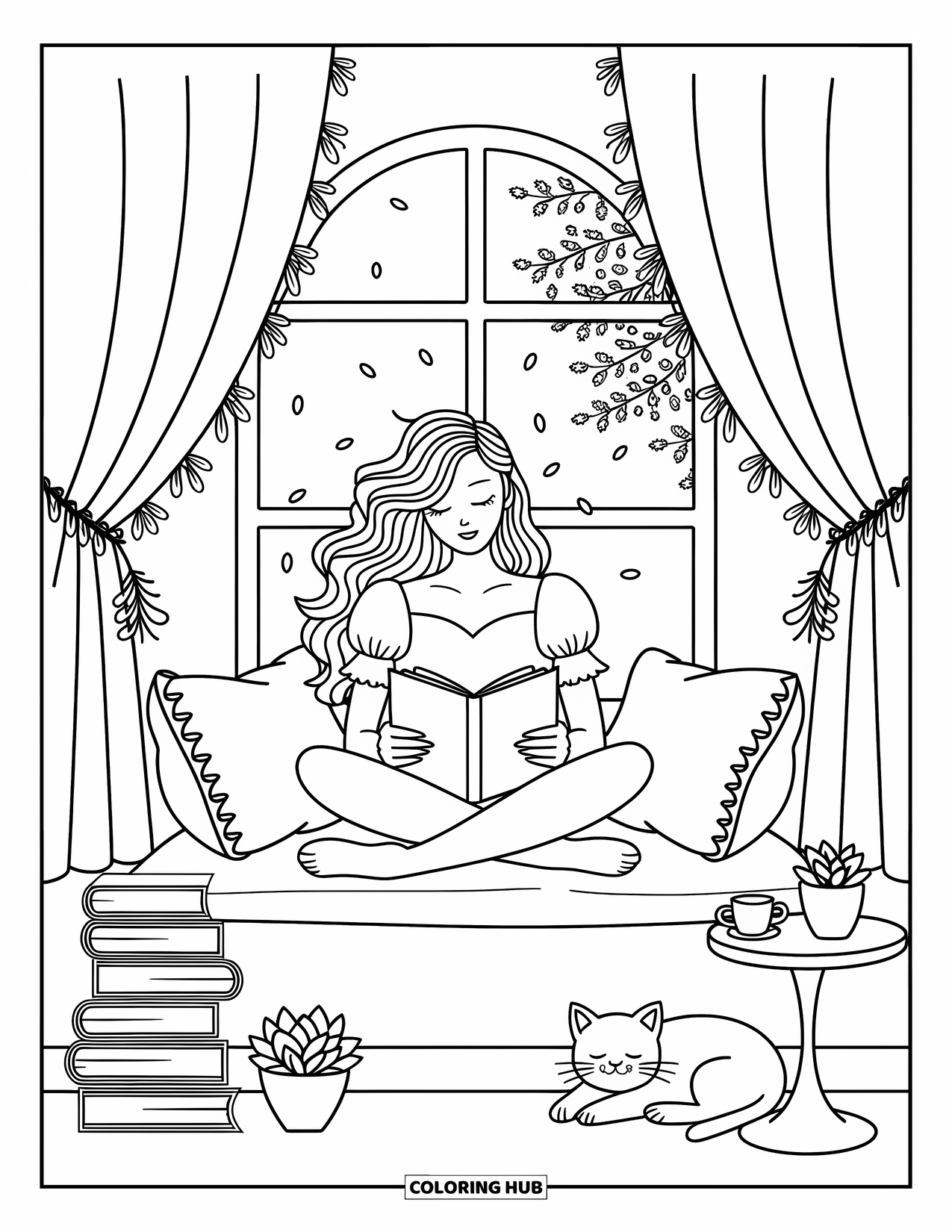 Woman Coloring Page for Adults: Woman reading on a window seat with a cat nearby