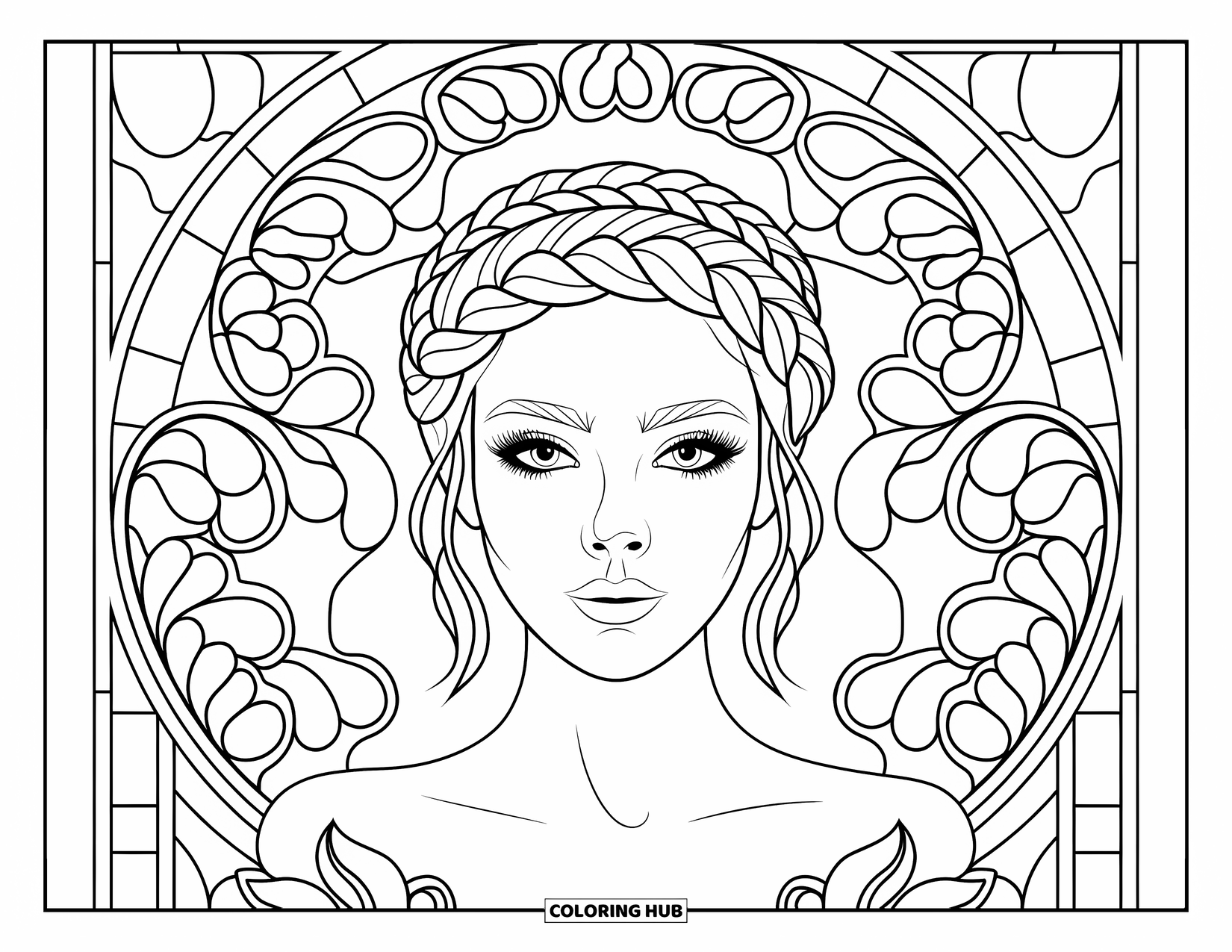 Woman Coloring Page for Adults: Woman with braided crown surrounded by swirling stained glass florals