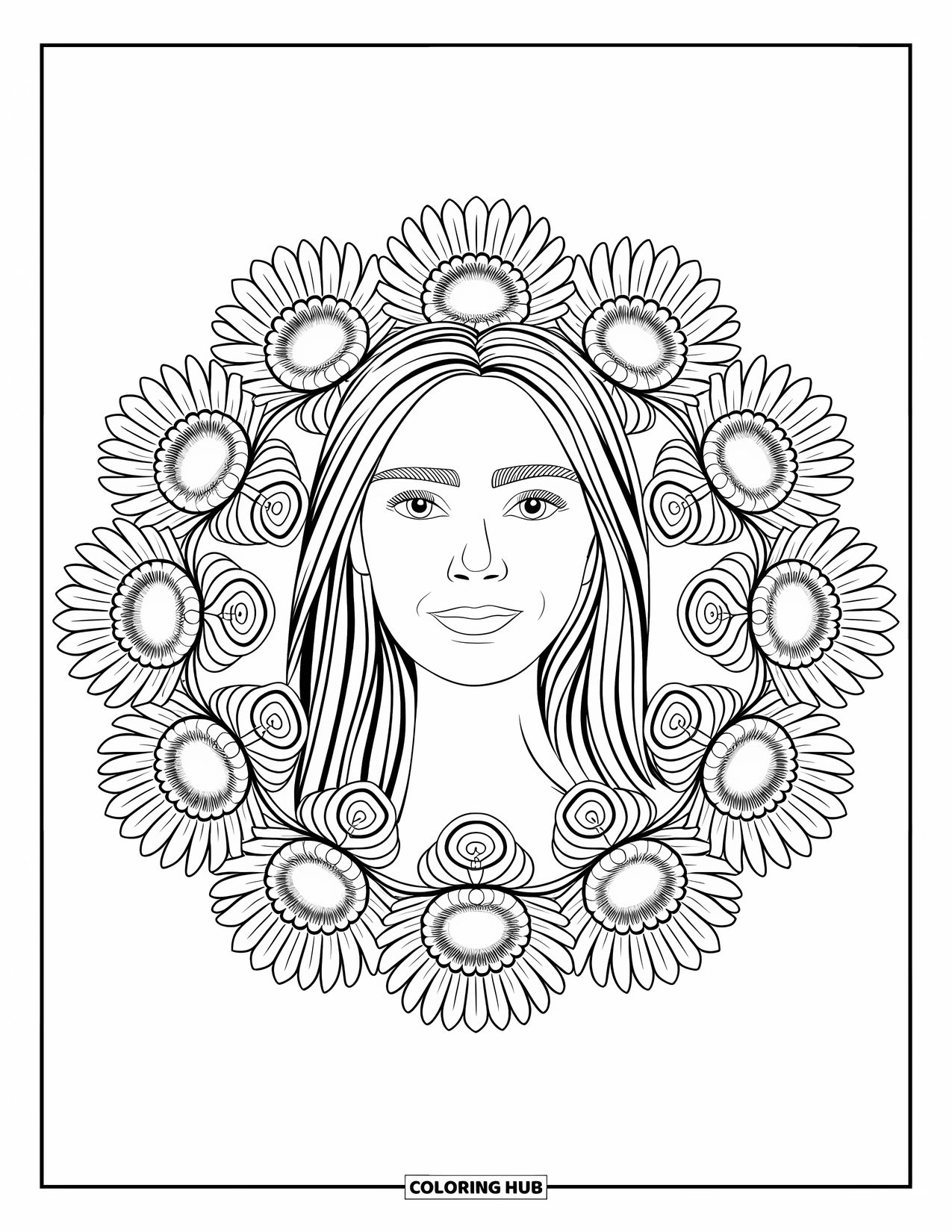 Woman Coloring Page for Adults: Woman with straight hair surrounded by sunflower mandala