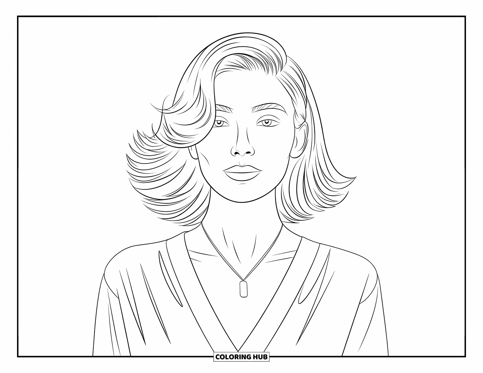 Woman Coloring Page for Kids: Beautiful woman with layered hair and necklace, wearing a V-neck blouse
