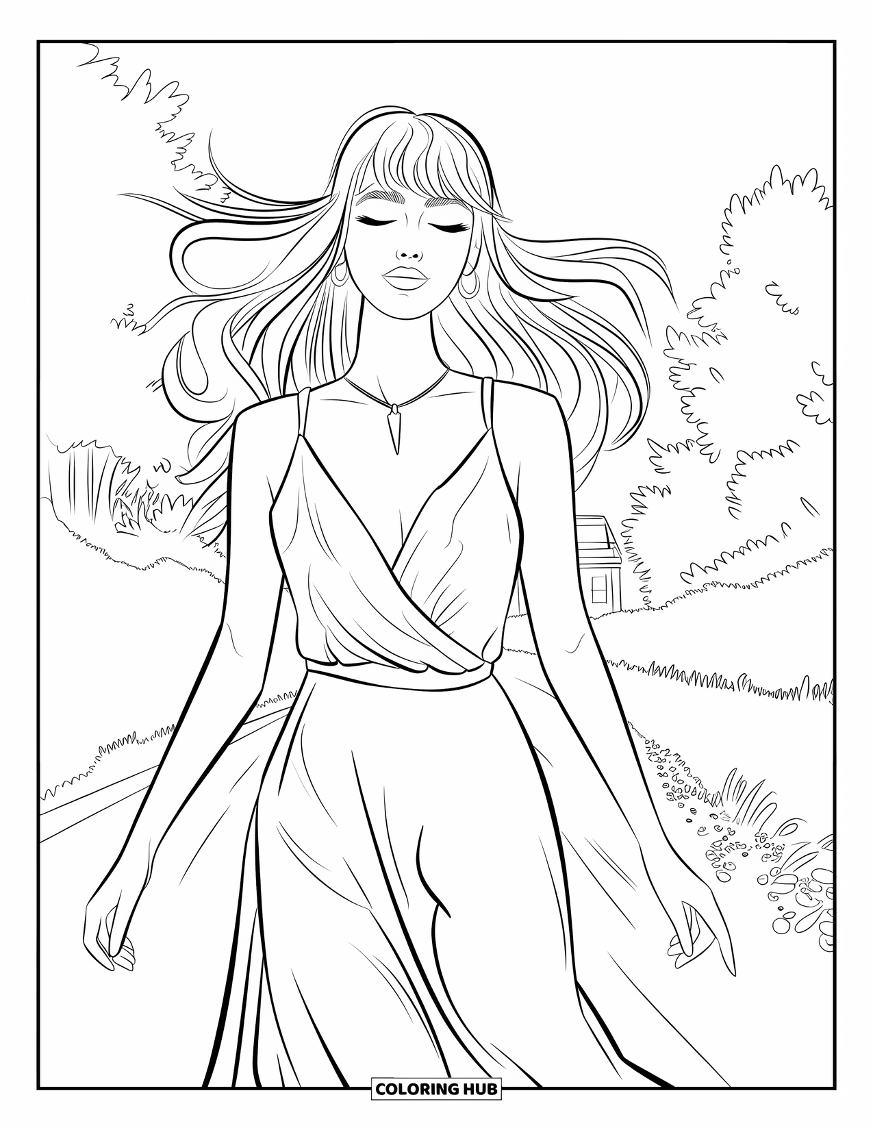 Woman Coloring Page for Kids: Calm woman with curtain bangs, necklace, and flowy dress