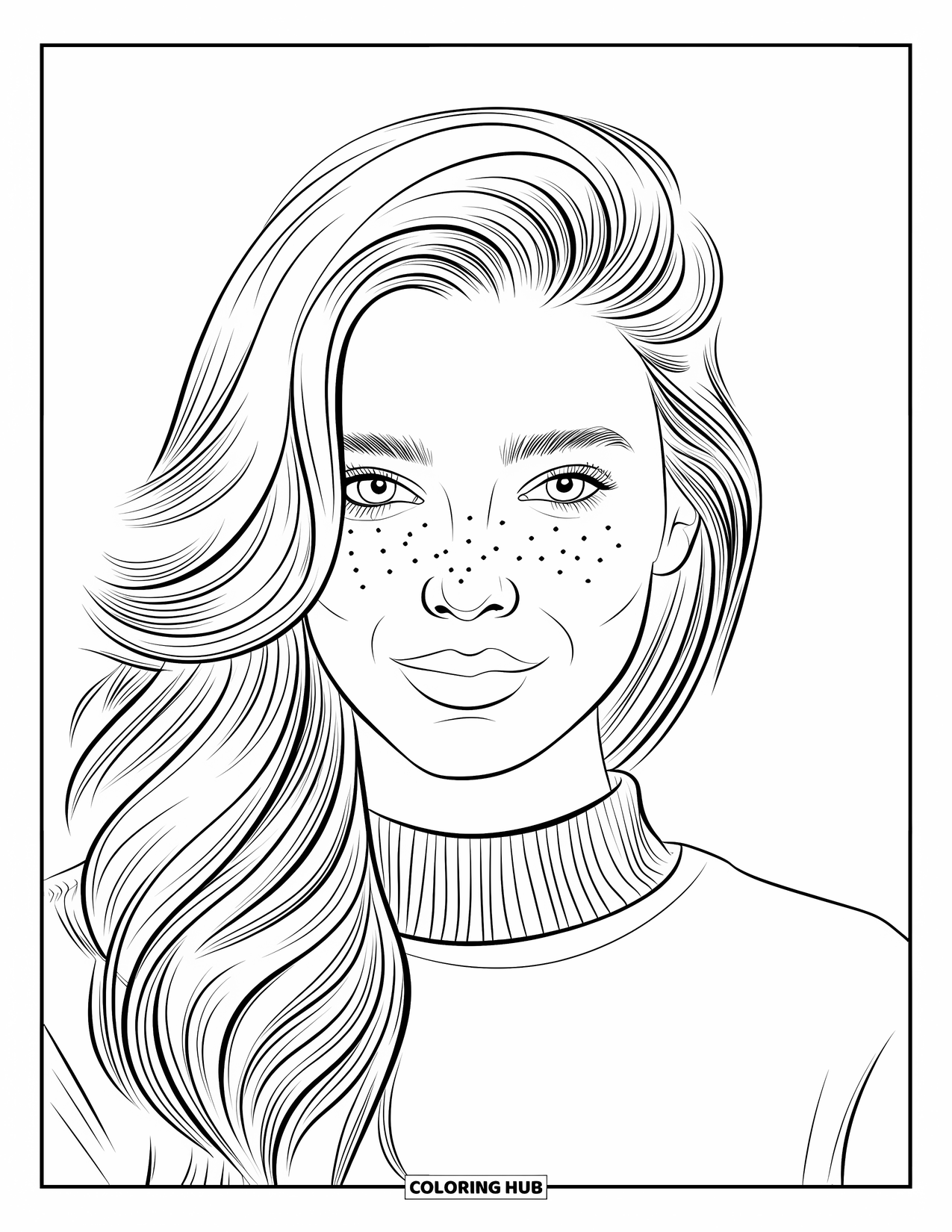 Woman Coloring Page for Kids: Confident woman with freckles, side-swept hair, and high-neck sweater