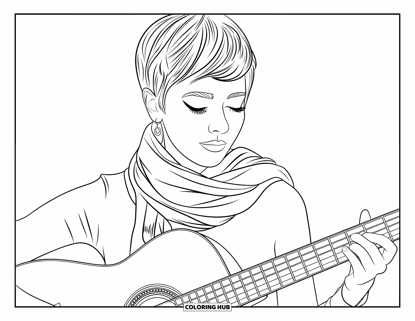 Woman Coloring Page for Kids: Dynamic woman with pixie cut and scarf playing guitar