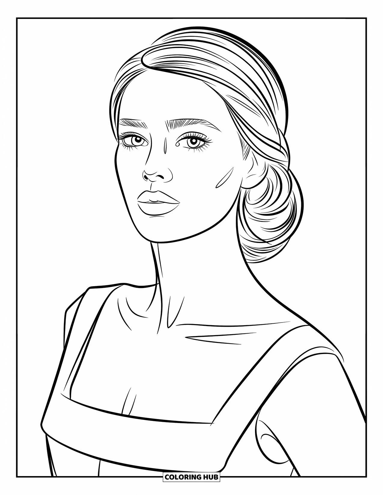 Woman Coloring Page for Kids: Elegant woman with low bun wearing a square neckline dress