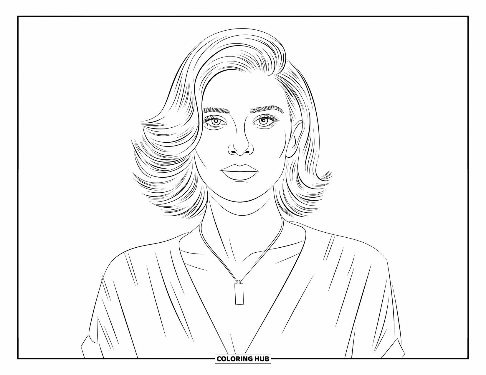 Woman Coloring Page for Kids: Elegant woman with shoulder-length hair and simple necklace