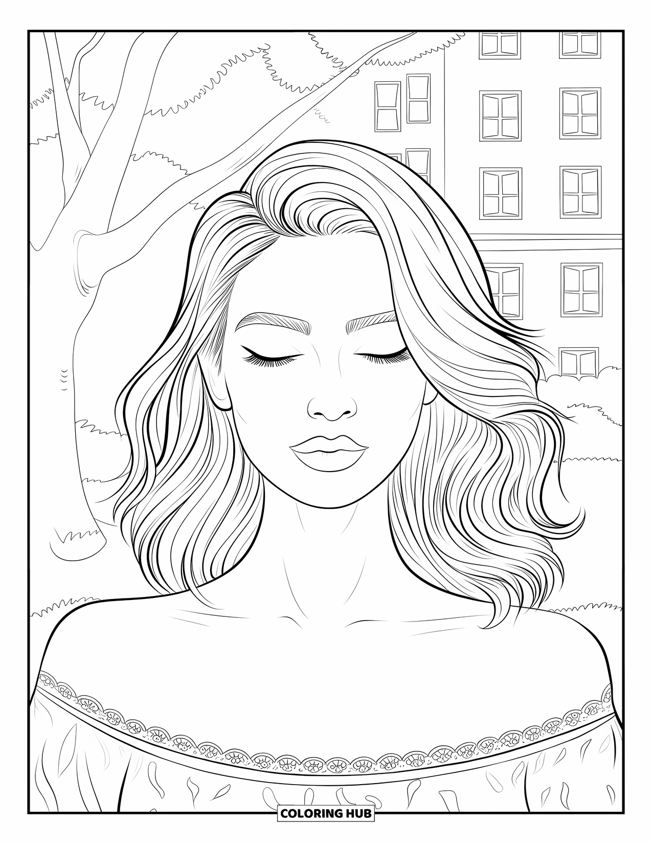 Woman Coloring Page for Kids: Elegant woman with wavy hair, lace top, standing near trees and buildings