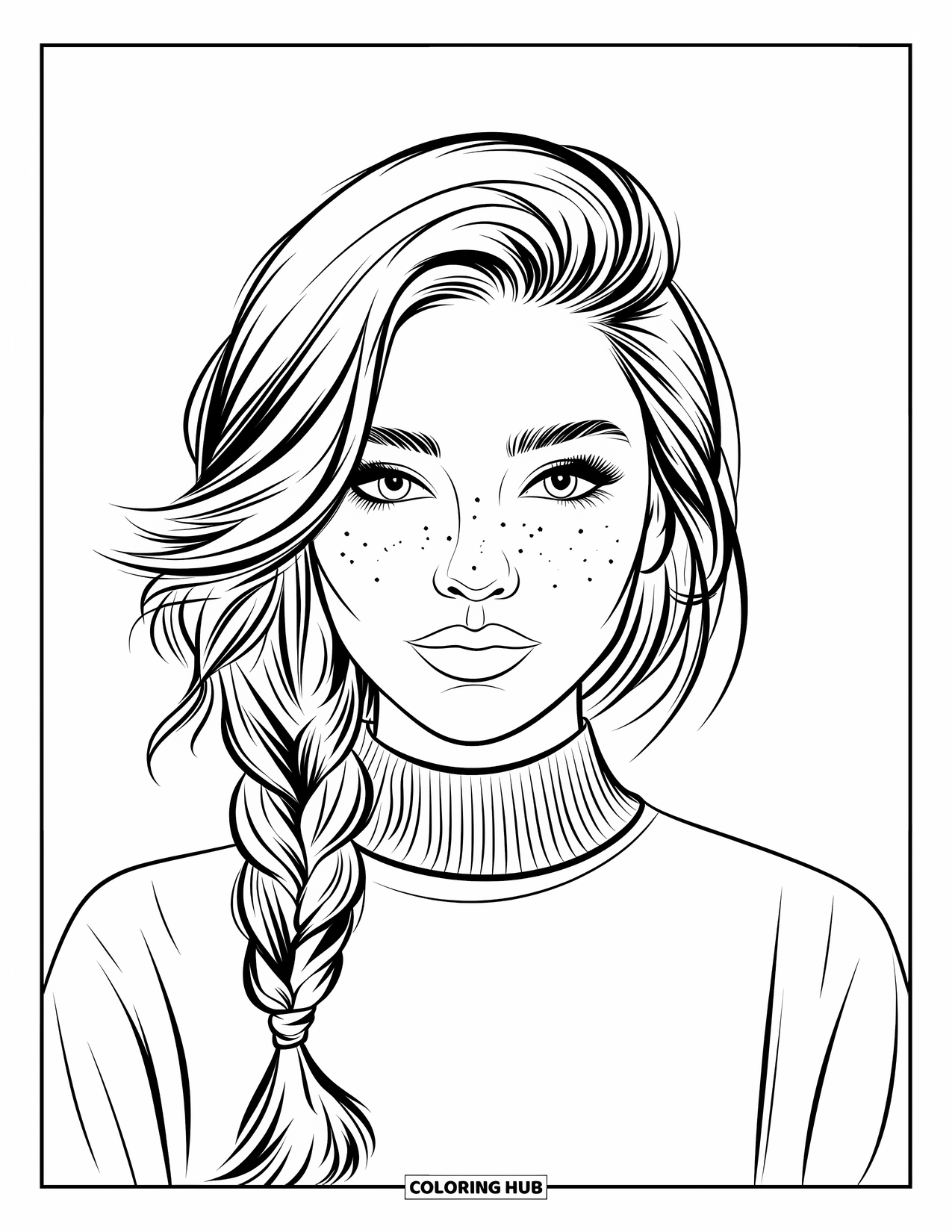 Woman Coloring Page for Kids: Freckled woman with a heart-shaped face, braid, and high-neck sweater