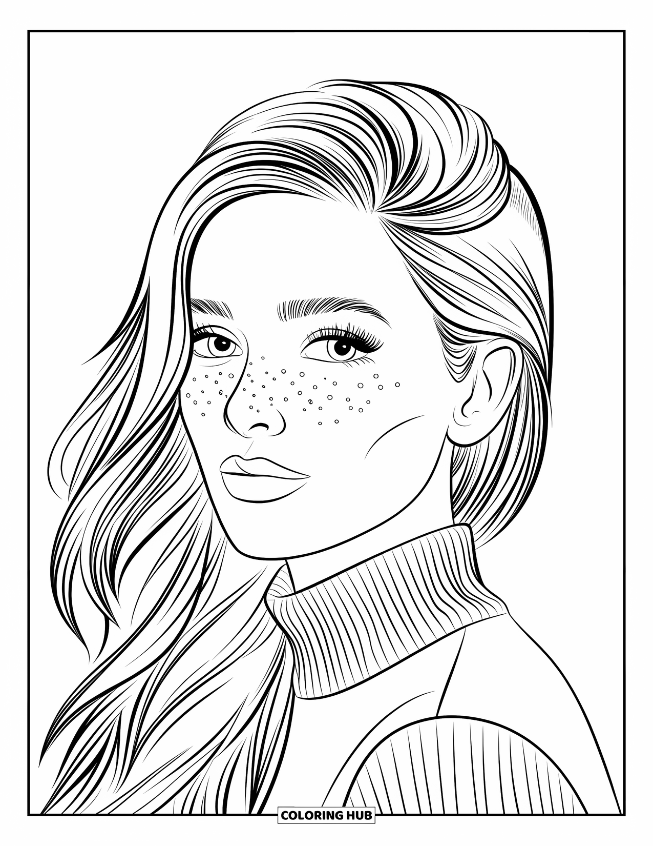 Woman Coloring Page for Kids: Freckled woman with side-swept hair and high-neck sweater