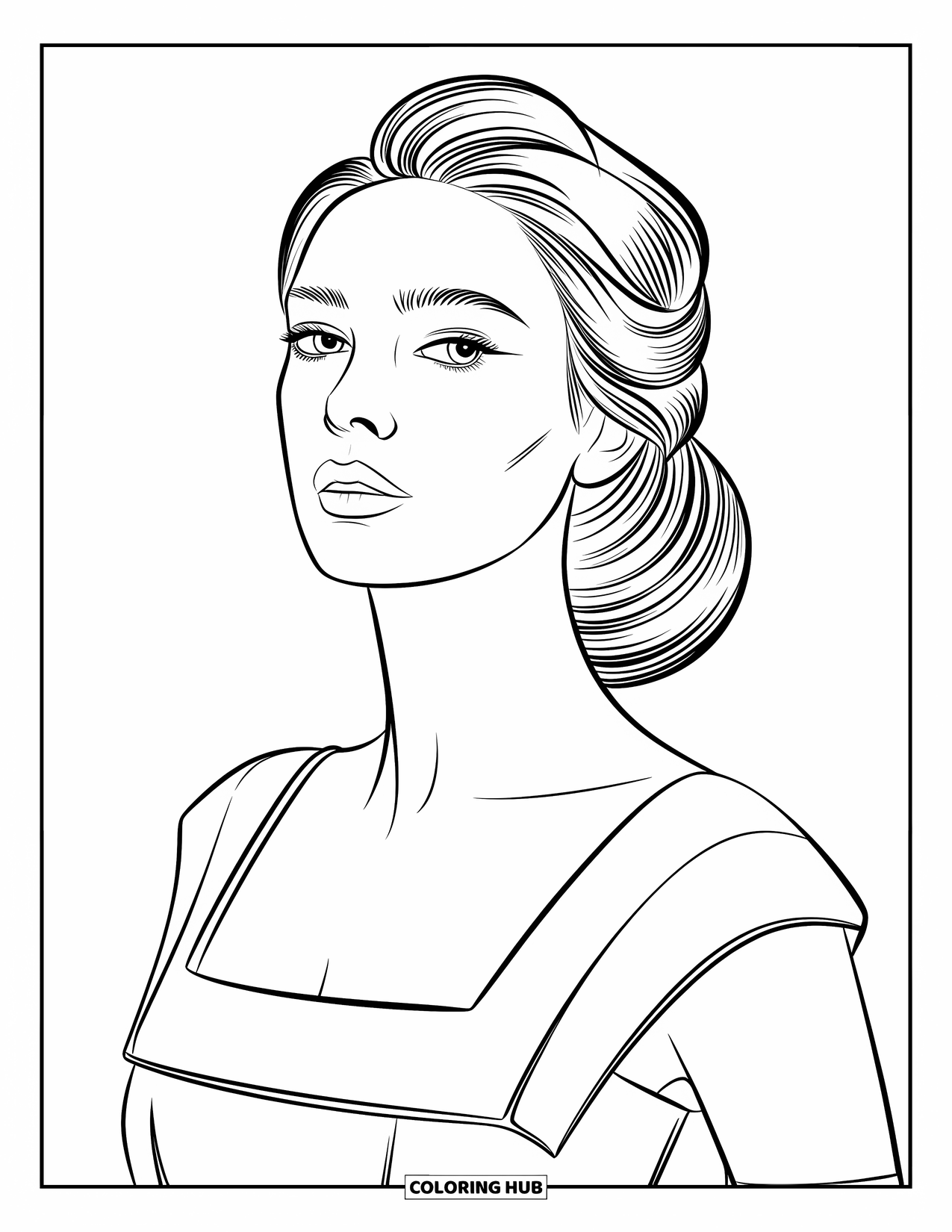 Woman Coloring Page for Kids: Graceful woman with an elegant bun and square neckline dress