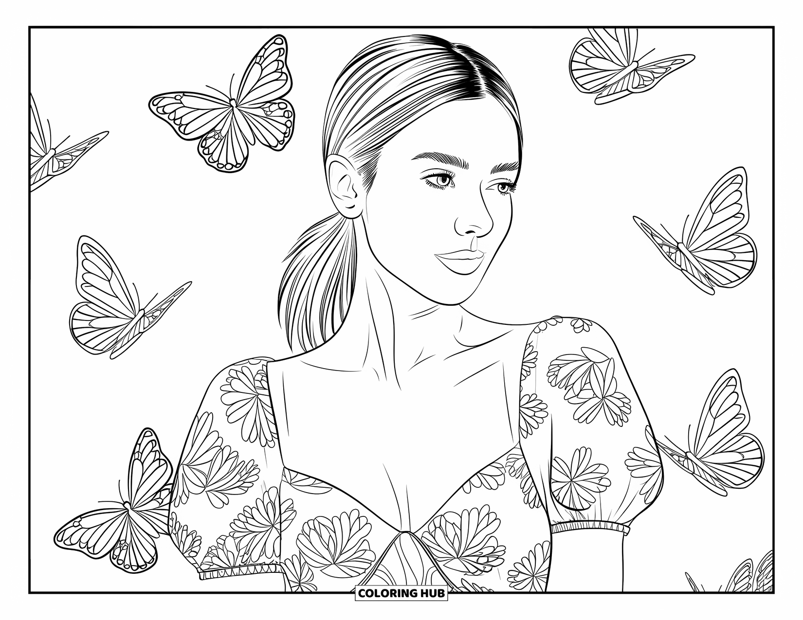 Woman Coloring Page for Kids: Graceful woman with low ponytail, floral top, and butterflies