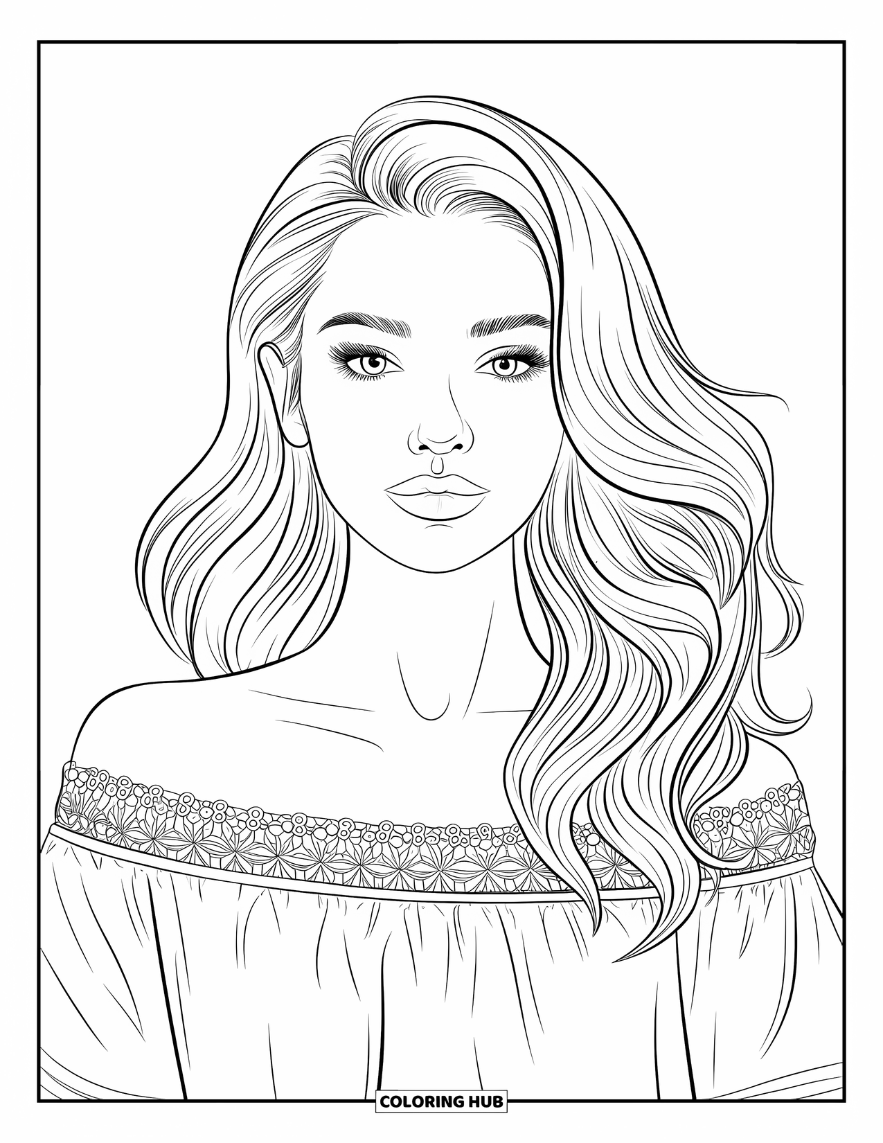 Woman Coloring Page for Kids: Graceful woman with wavy hair, lace top, and serene look
