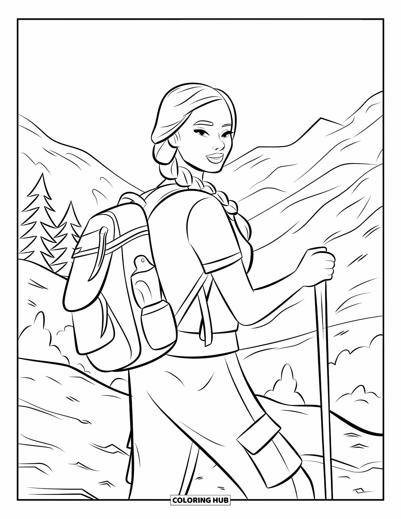 Woman Coloring Page for Kids: Hiker with braid, cargo pants, and walking stick