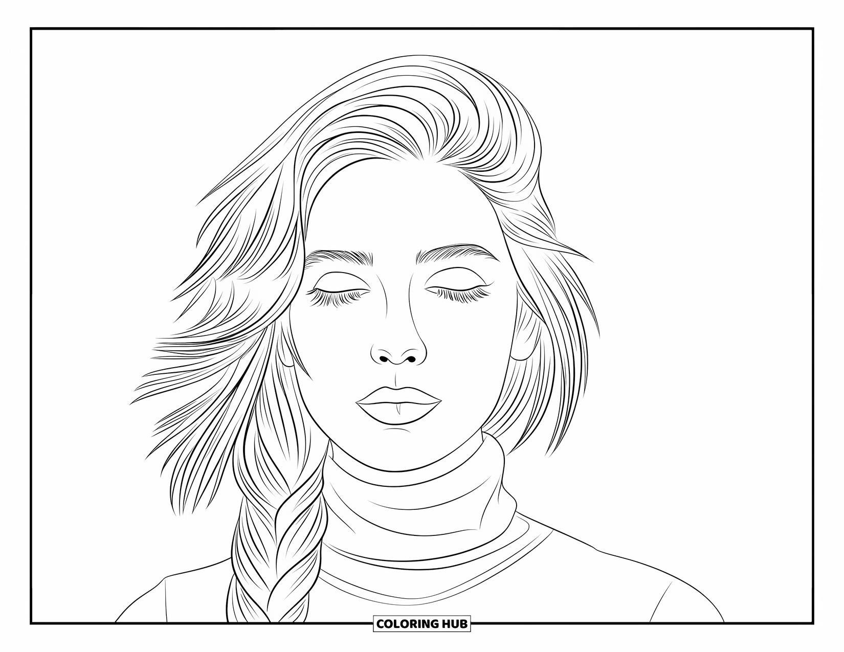 Woman Coloring Page for Kids: Relaxed woman with side-twisted hair wearing a turtleneck