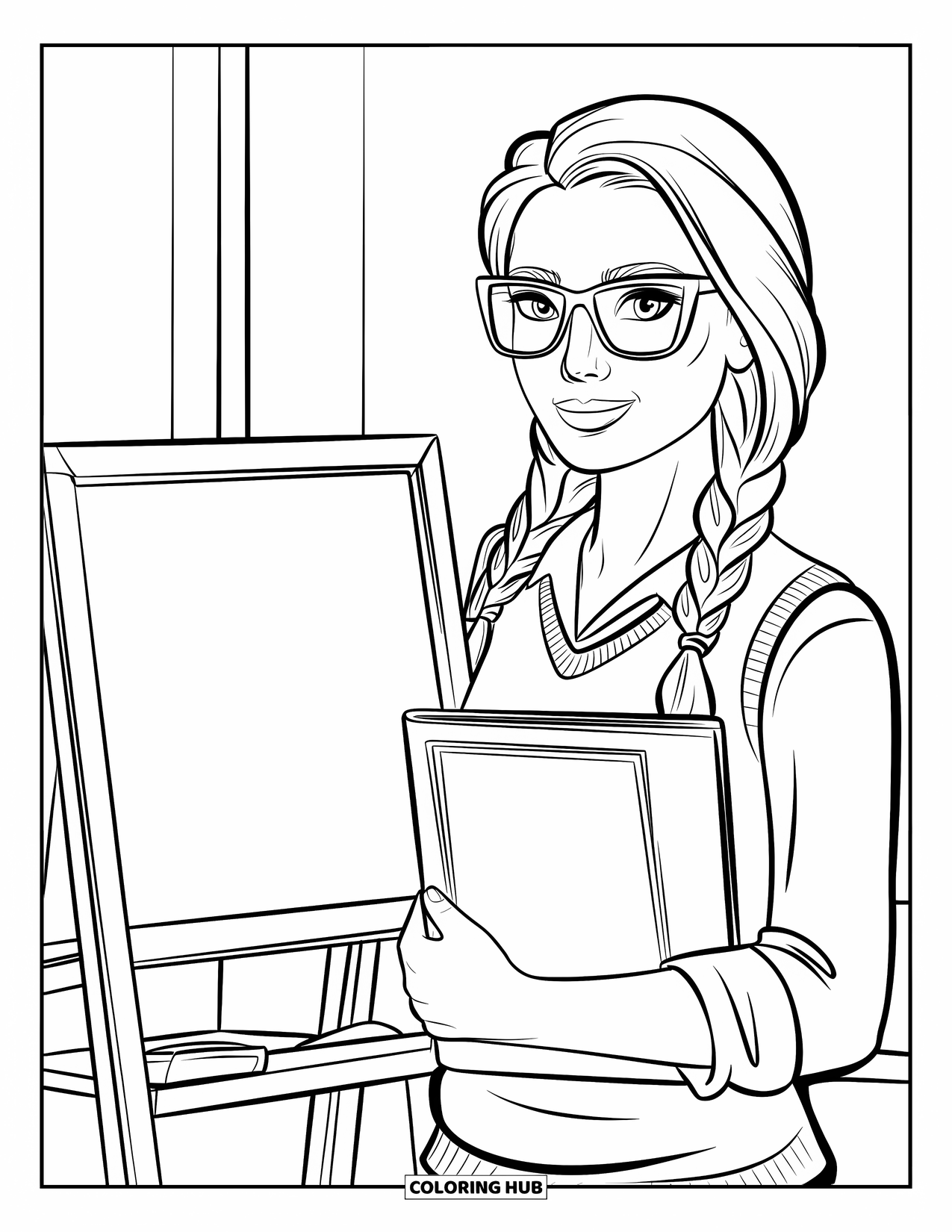 Woman Coloring Page for Kids: Smart woman with braids, glasses, chalkboard, and book