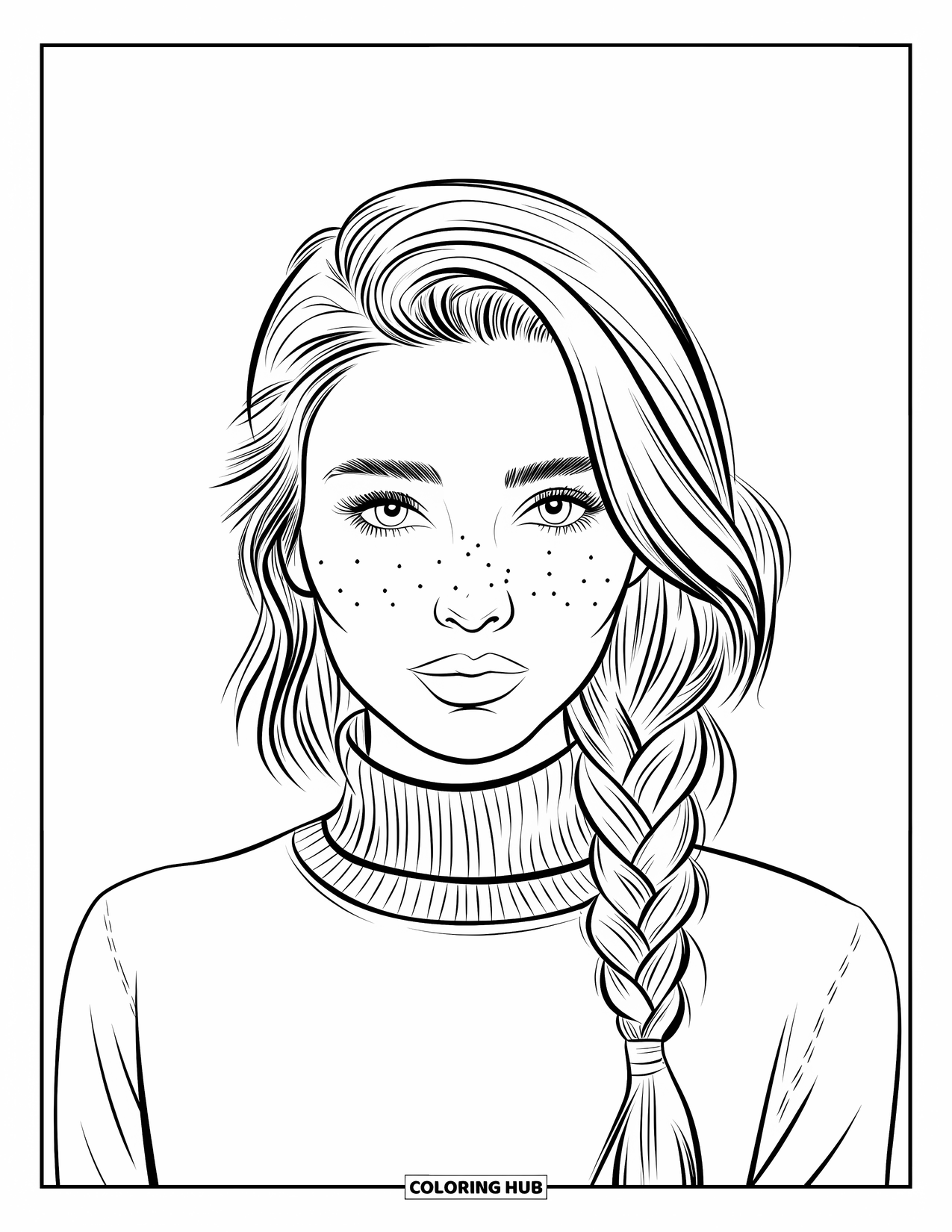 Woman Coloring Page for Kids: Smiling woman with freckles, braid, and a high-neck sweater