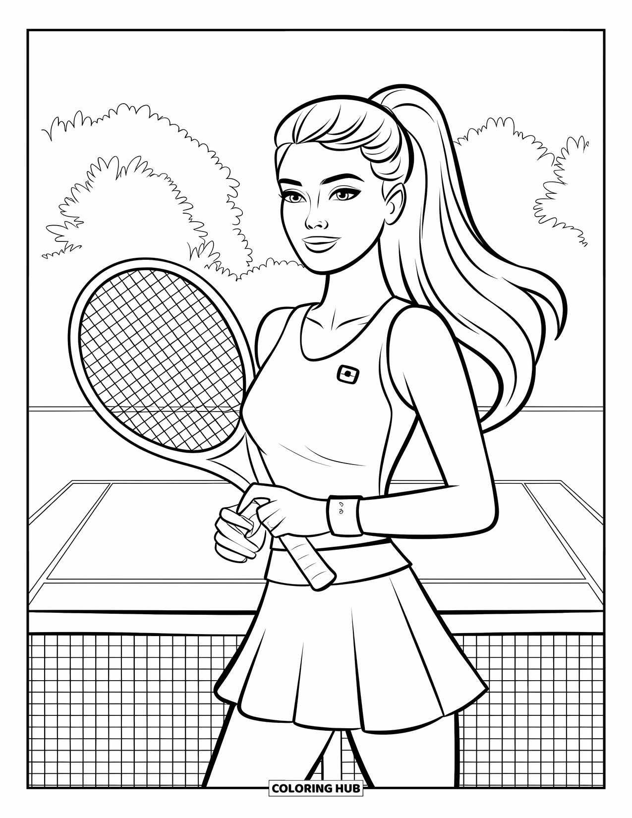 Woman Coloring Page for Kids: Stylish tennis player with ponytail and racket