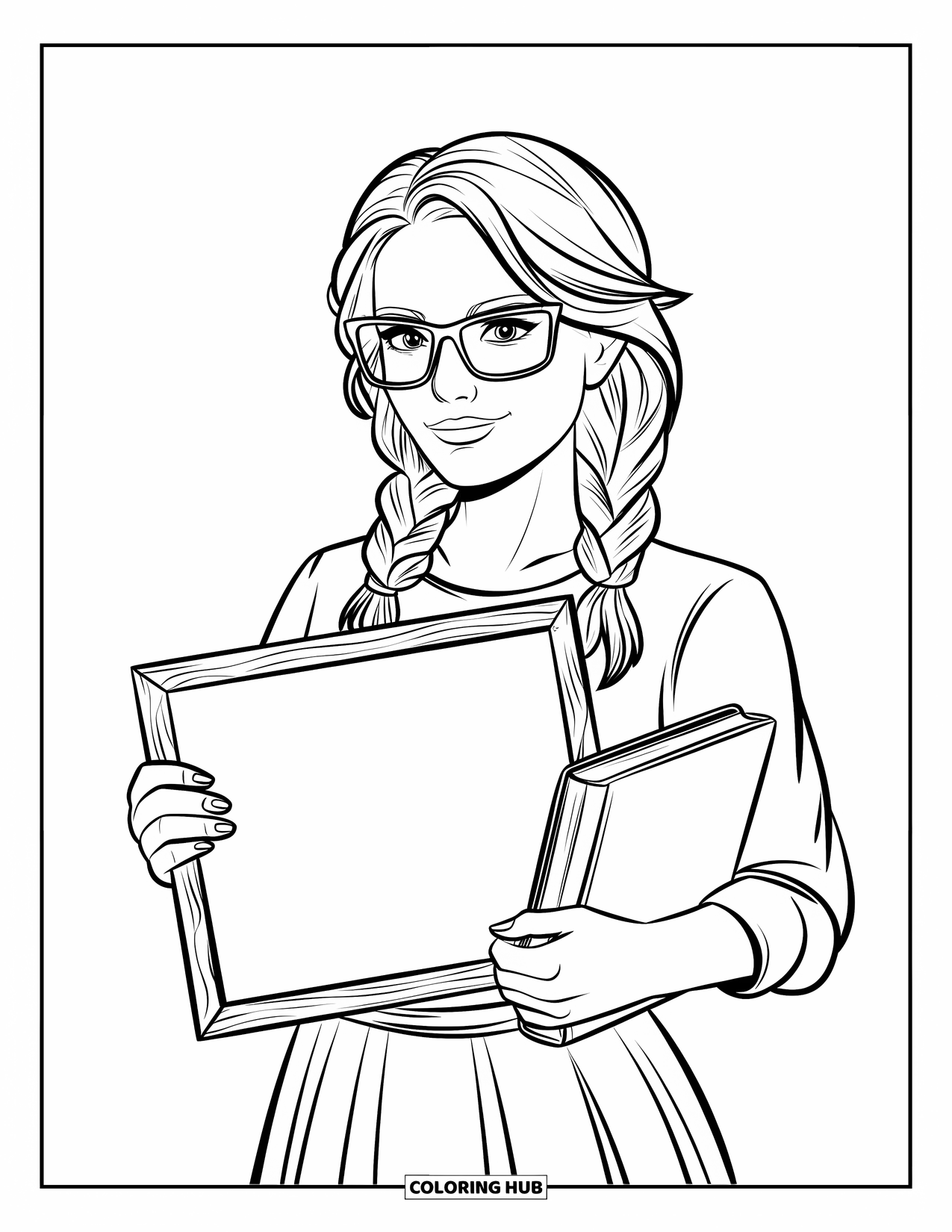 Woman Coloring Page for Kids: Teacher with braids holding chalkboard and book